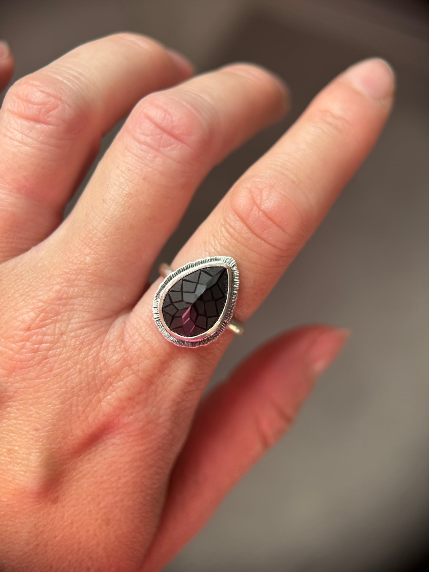 Laser cut black Spinel ring