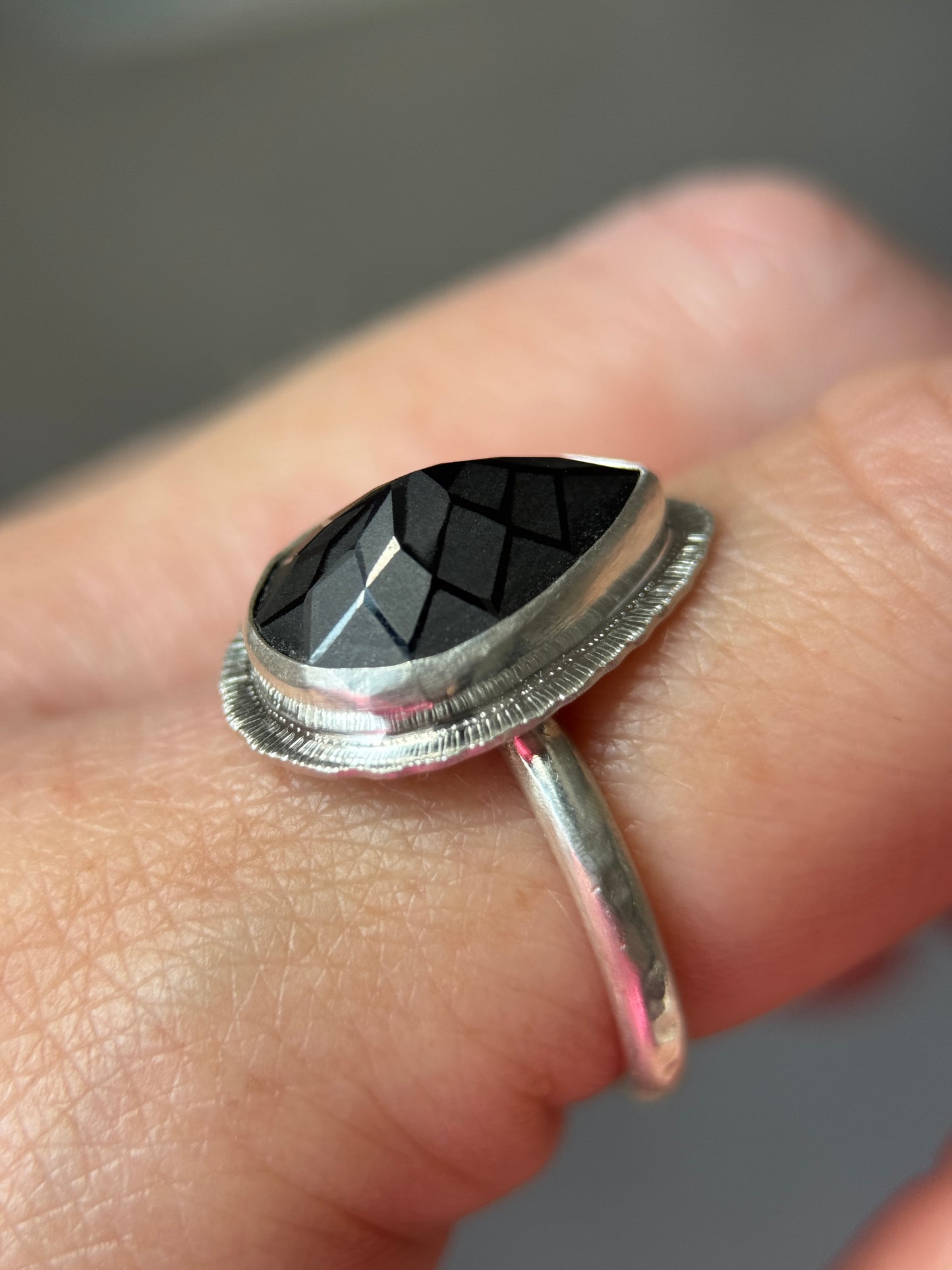 Laser cut black Spinel ring
