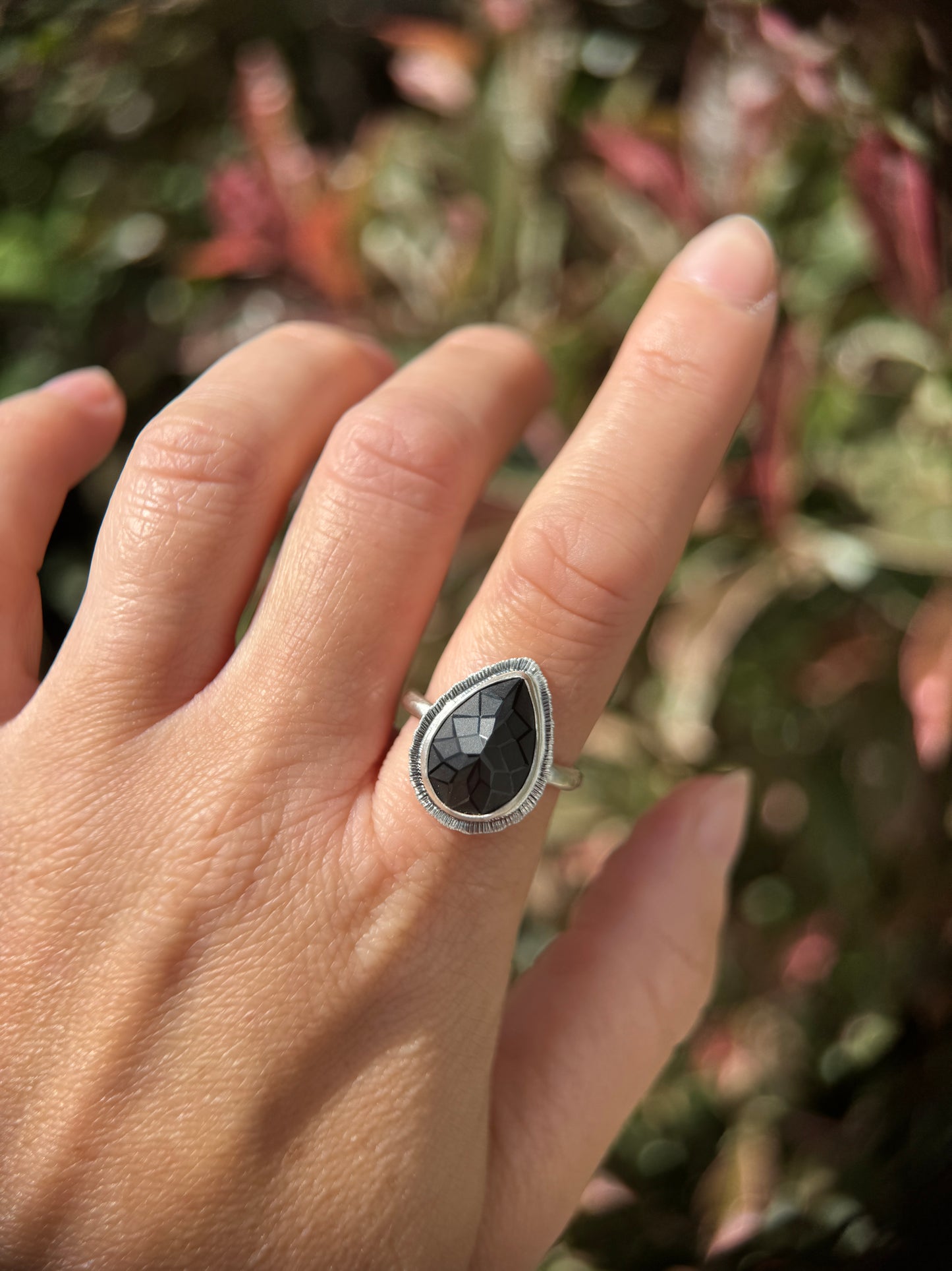 Laser cut black Spinel ring