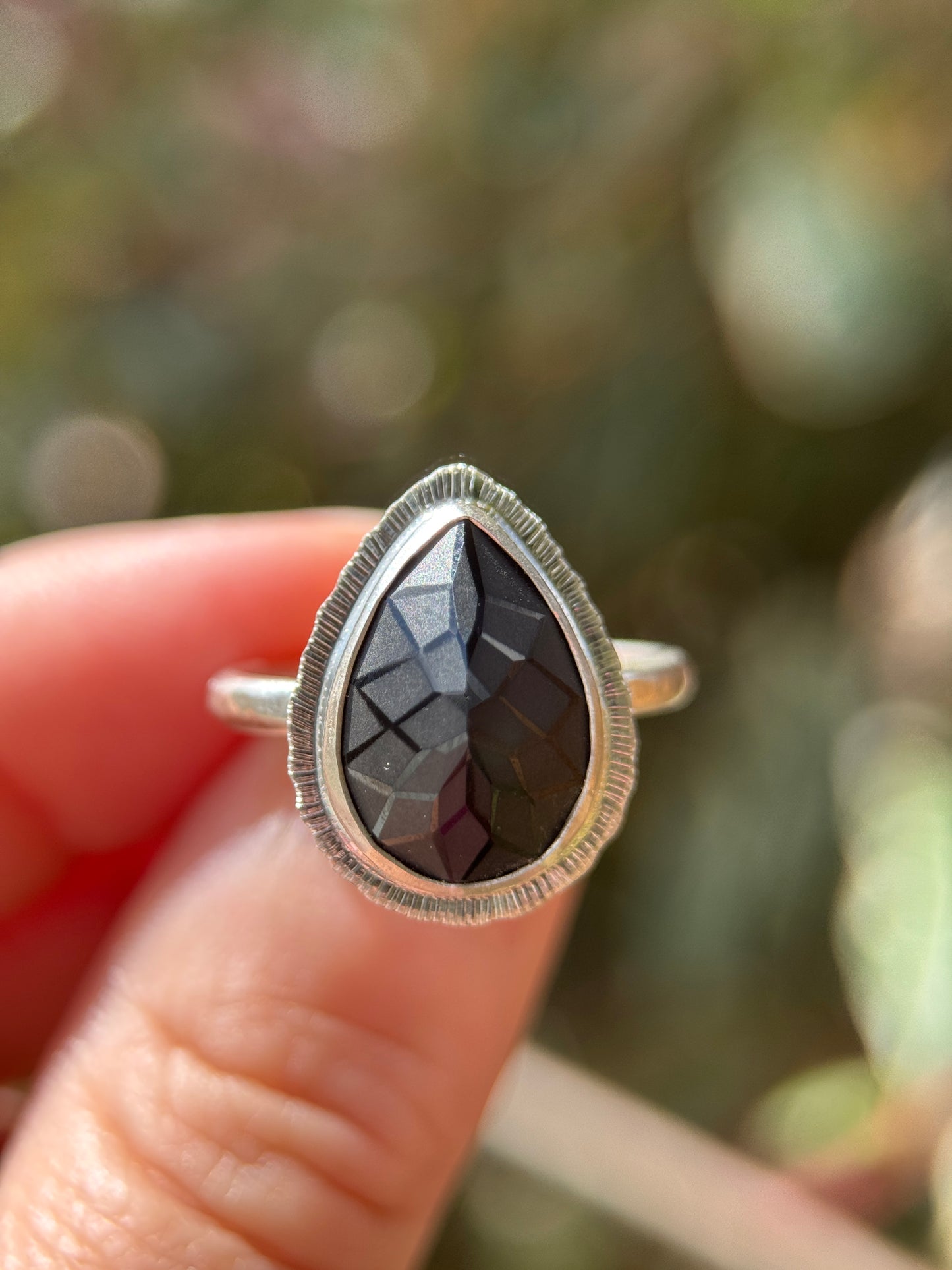 Laser cut black Spinel ring