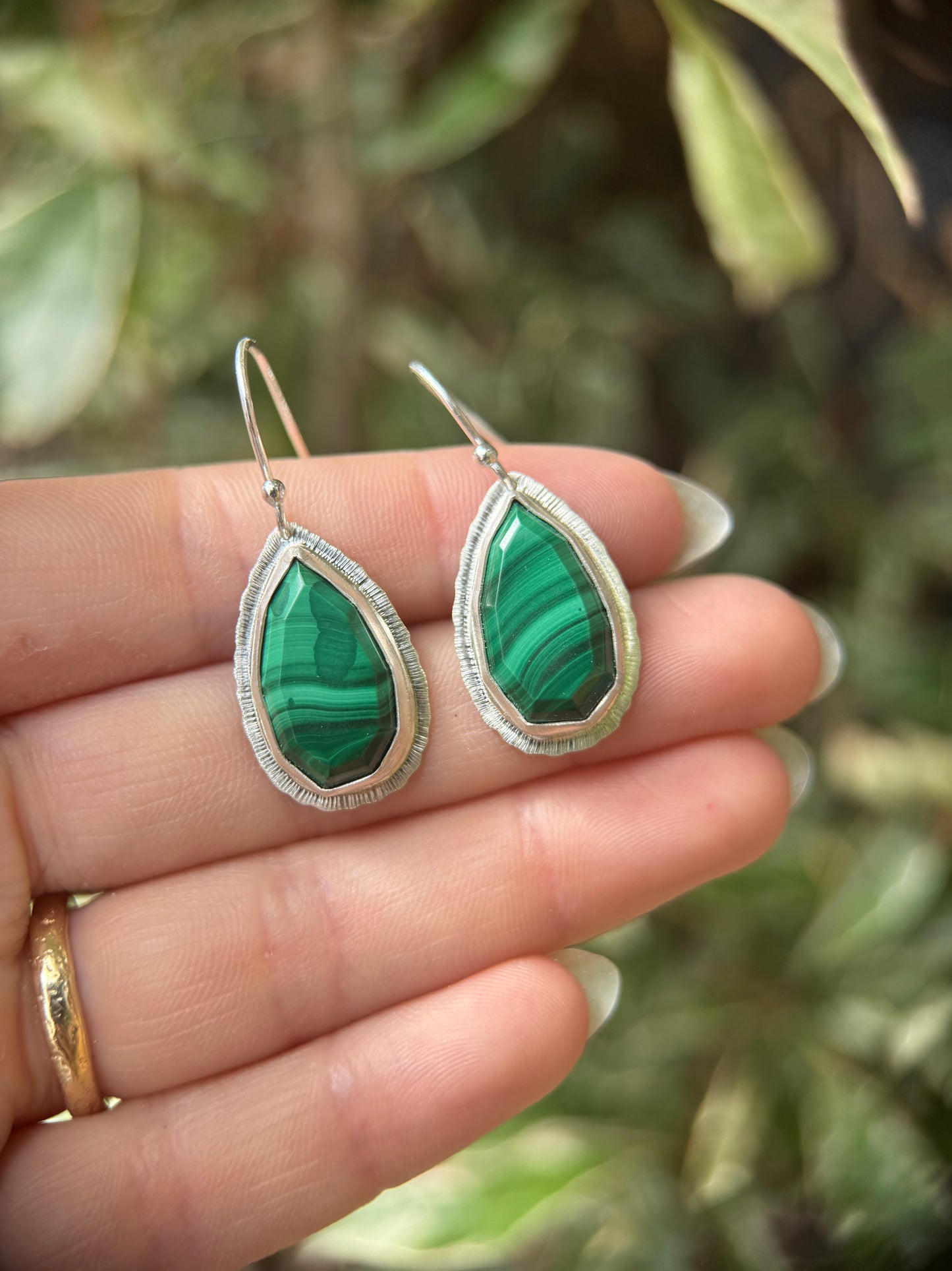 Step cut Malachite drop earrings