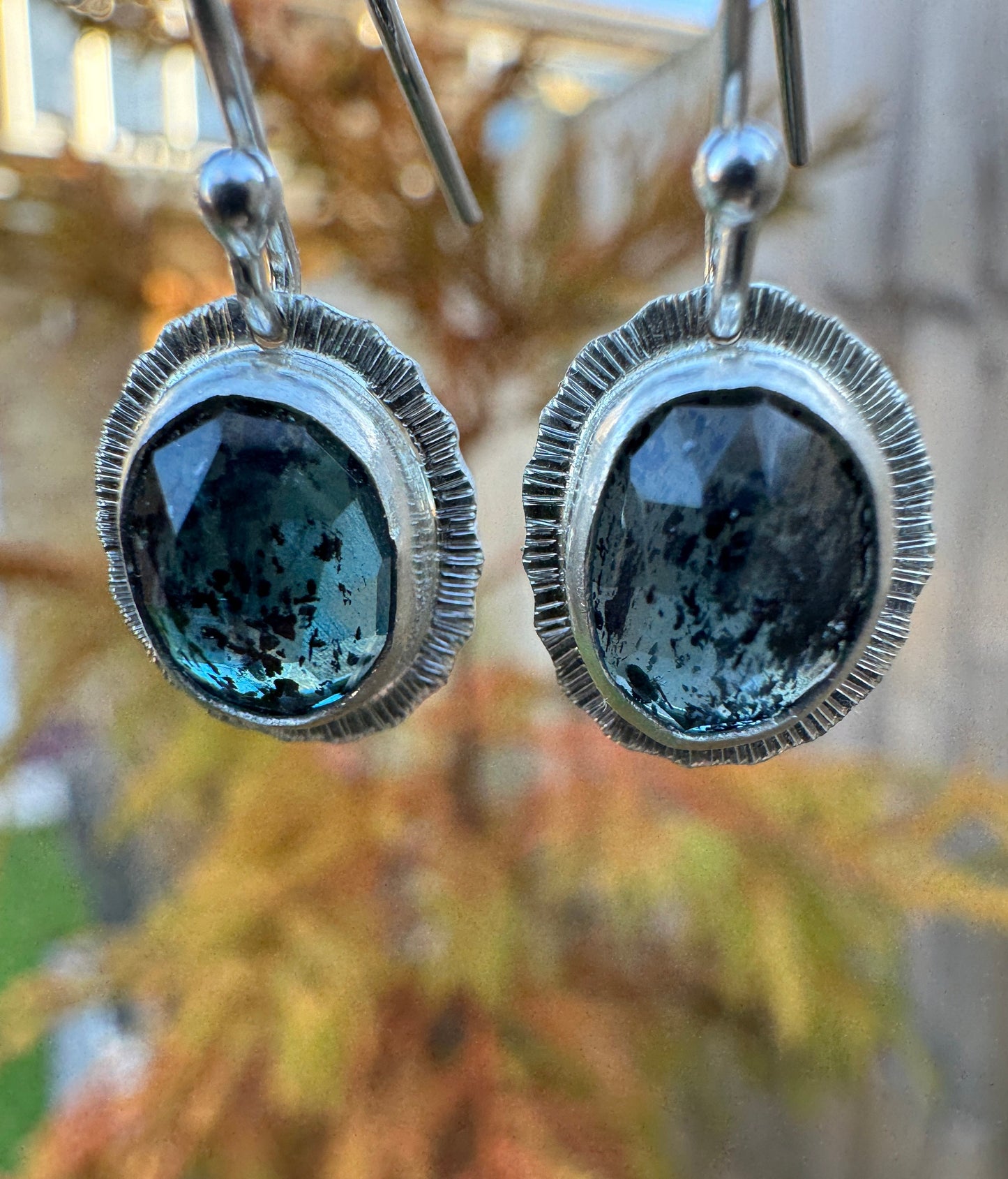 Rose cut Teal Moss Kyanite drop earrings, unique and unusual, beautiful natural gemstone, bezel set, open back, sterling silver, OOAK