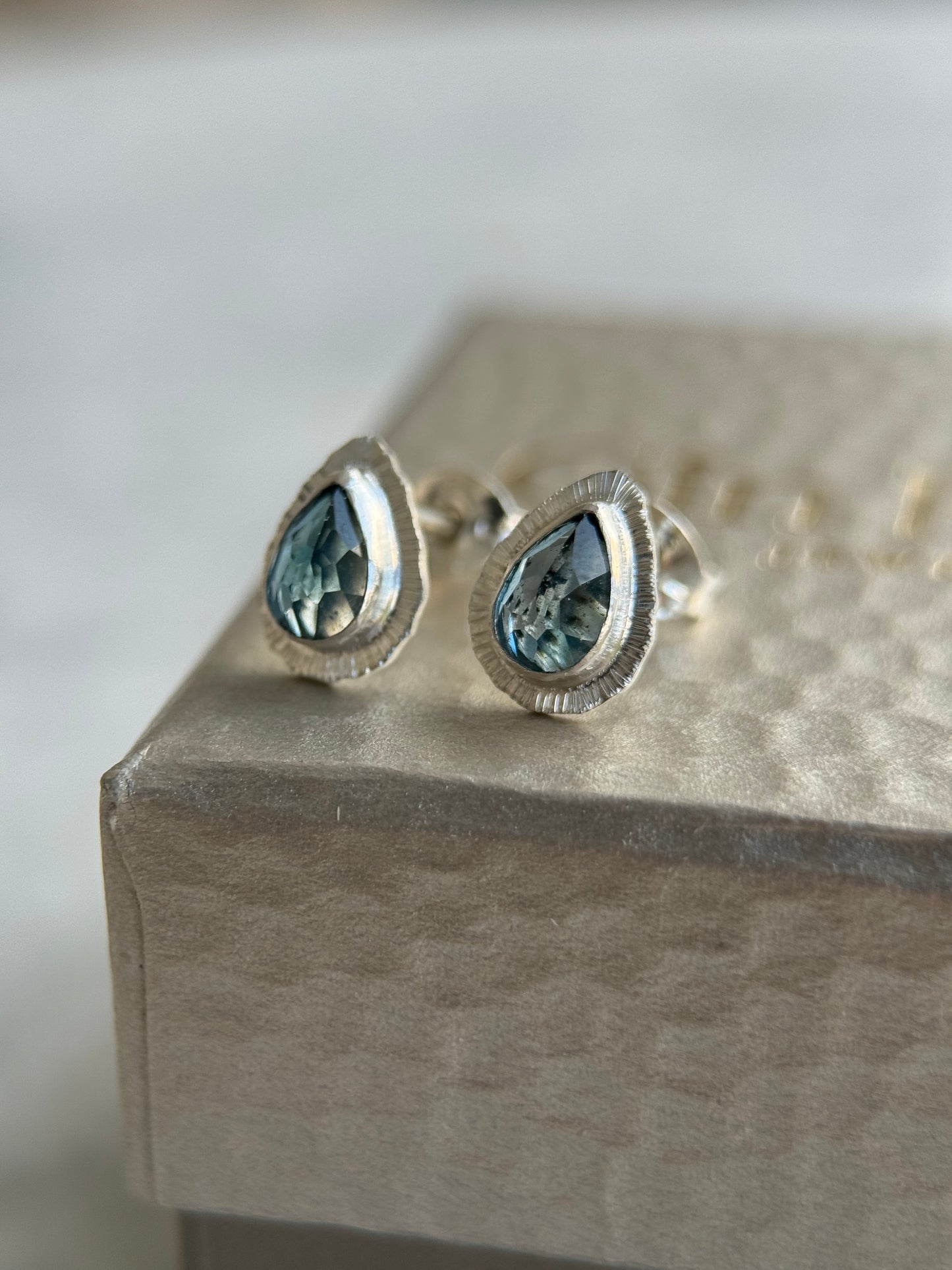 Rose cut London Blue Topaz stud earrings, natural delicate gemstone jewellery, bezel set, open back, teardrop shape, sterling silver