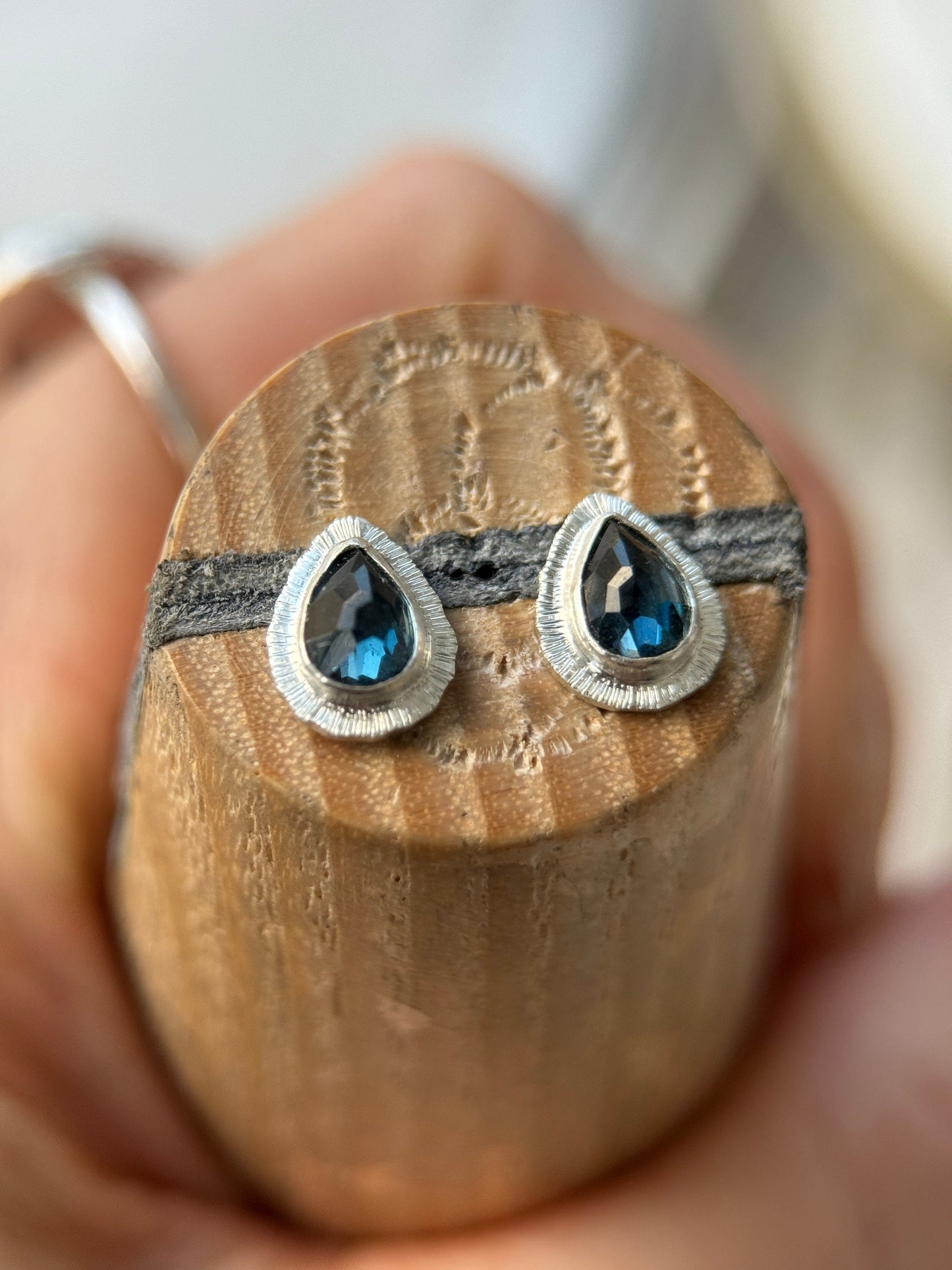 Rose cut London Blue Topaz stud earrings, natural delicate gemstone jewellery, bezel set, open back, teardrop shape, sterling silver