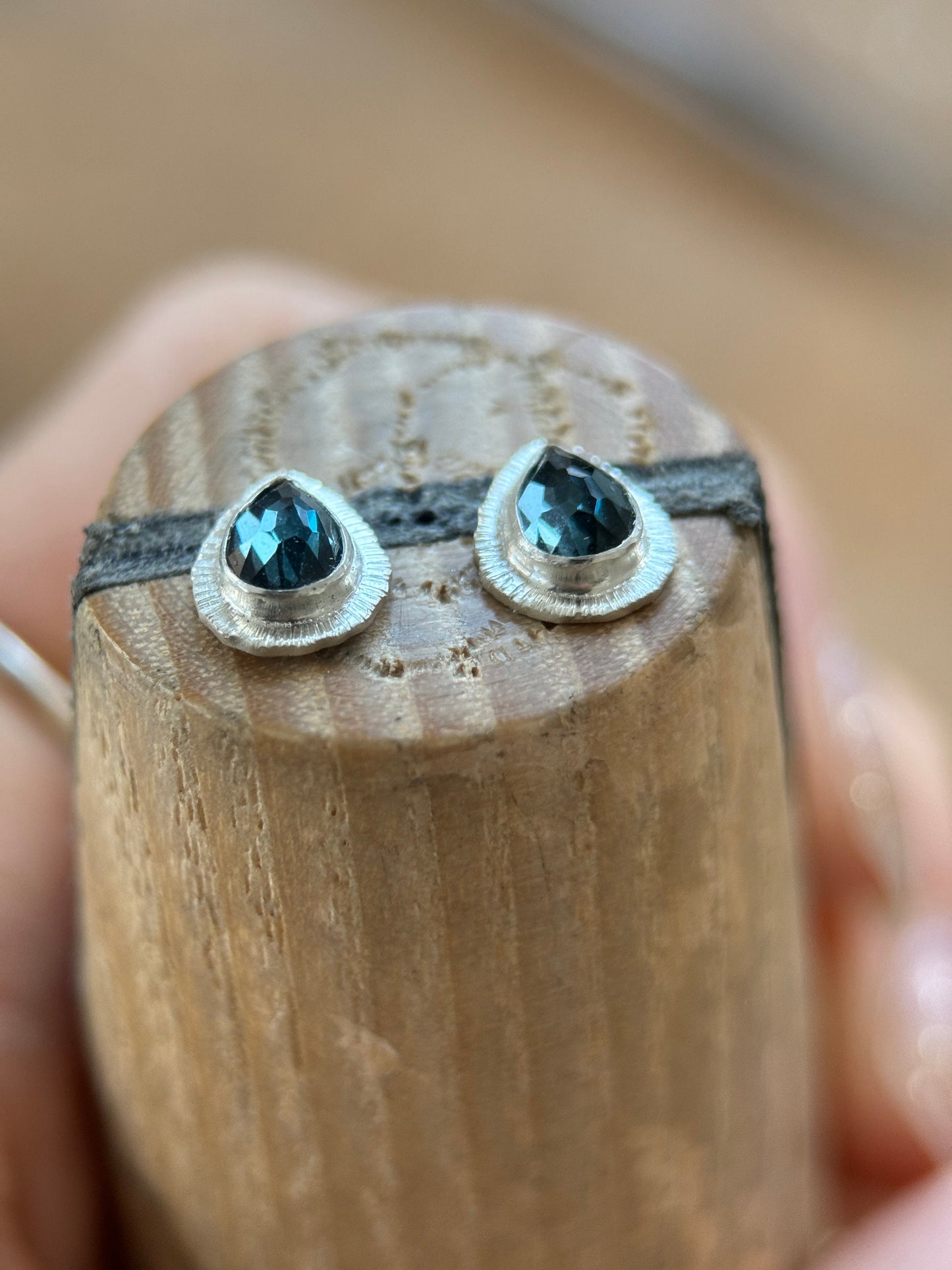 Rose cut London Blue Topaz stud earrings, natural delicate gemstone jewellery, bezel set, open back, teardrop shape, sterling silver