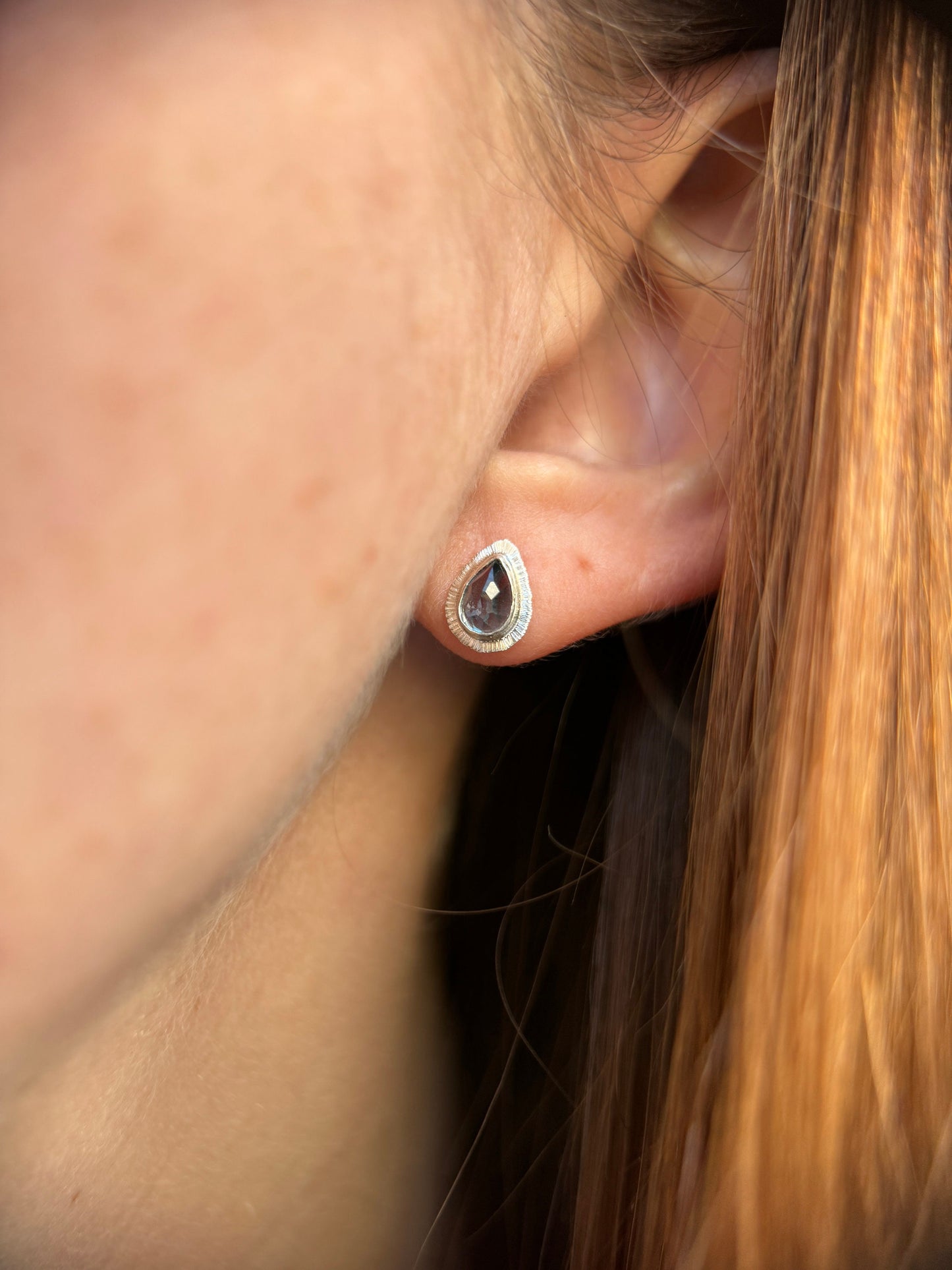 Rose cut London Blue Topaz stud earrings, natural delicate gemstone jewellery, bezel set, open back, teardrop shape, sterling silver