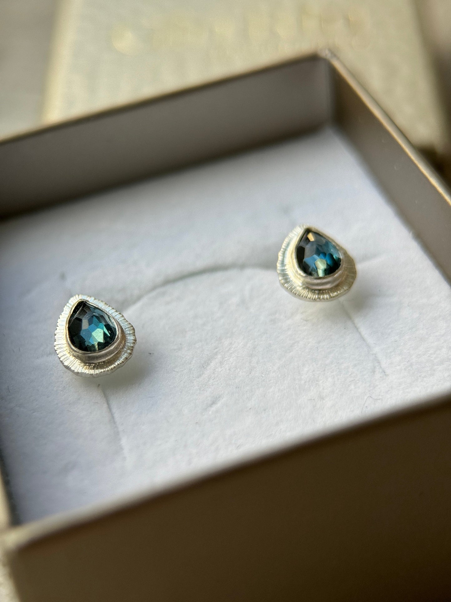 Rose cut London Blue Topaz stud earrings, natural delicate gemstone jewellery, bezel set, open back, teardrop shape, sterling silver
