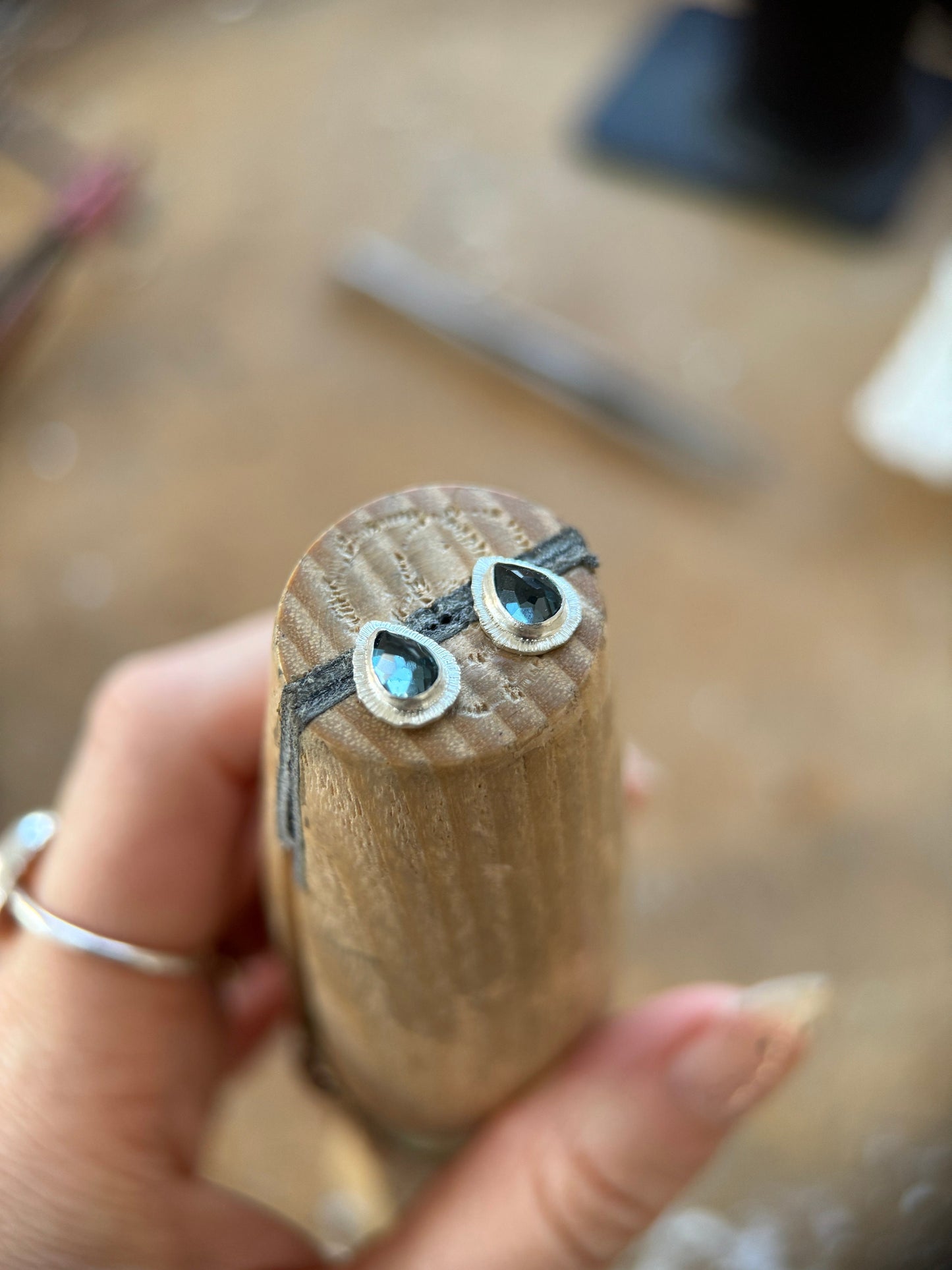 Rose cut London Blue Topaz stud earrings, natural delicate gemstone jewellery, bezel set, open back, teardrop shape, sterling silver