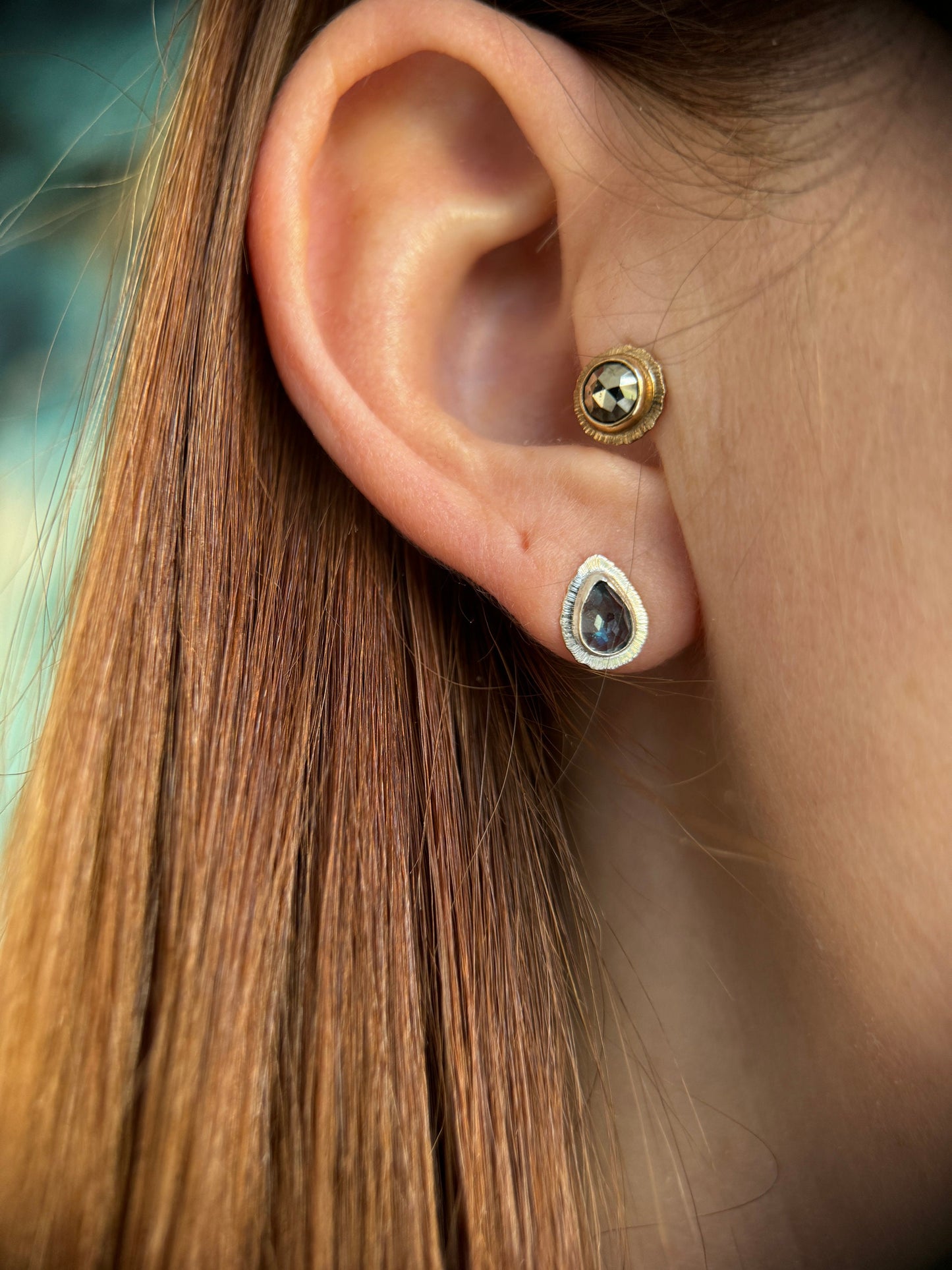 Rose cut London Blue Topaz stud earrings, natural delicate gemstone jewellery, bezel set, open back, teardrop shape, sterling silver