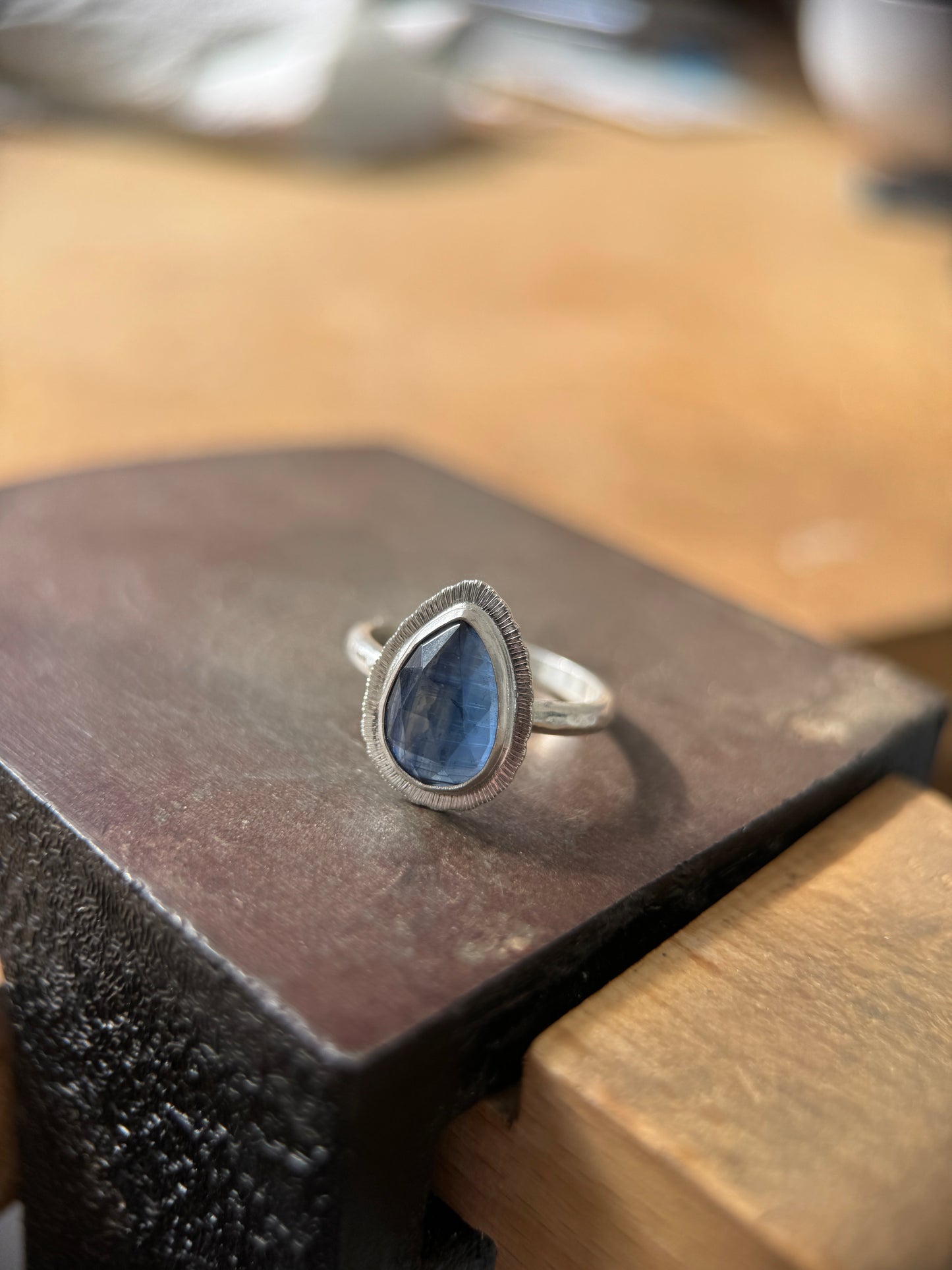 Rose cut blue Kyanite ring