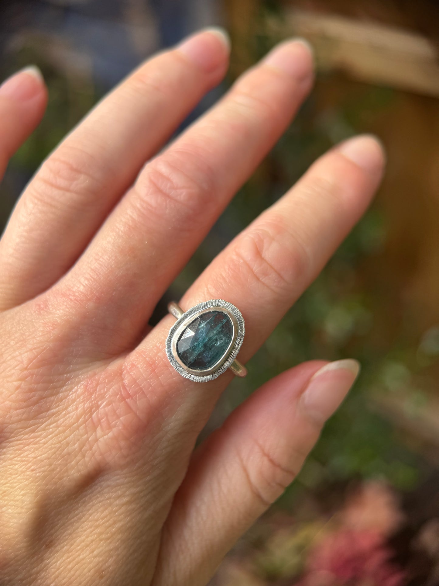 Rose cut neon Kyanite ring