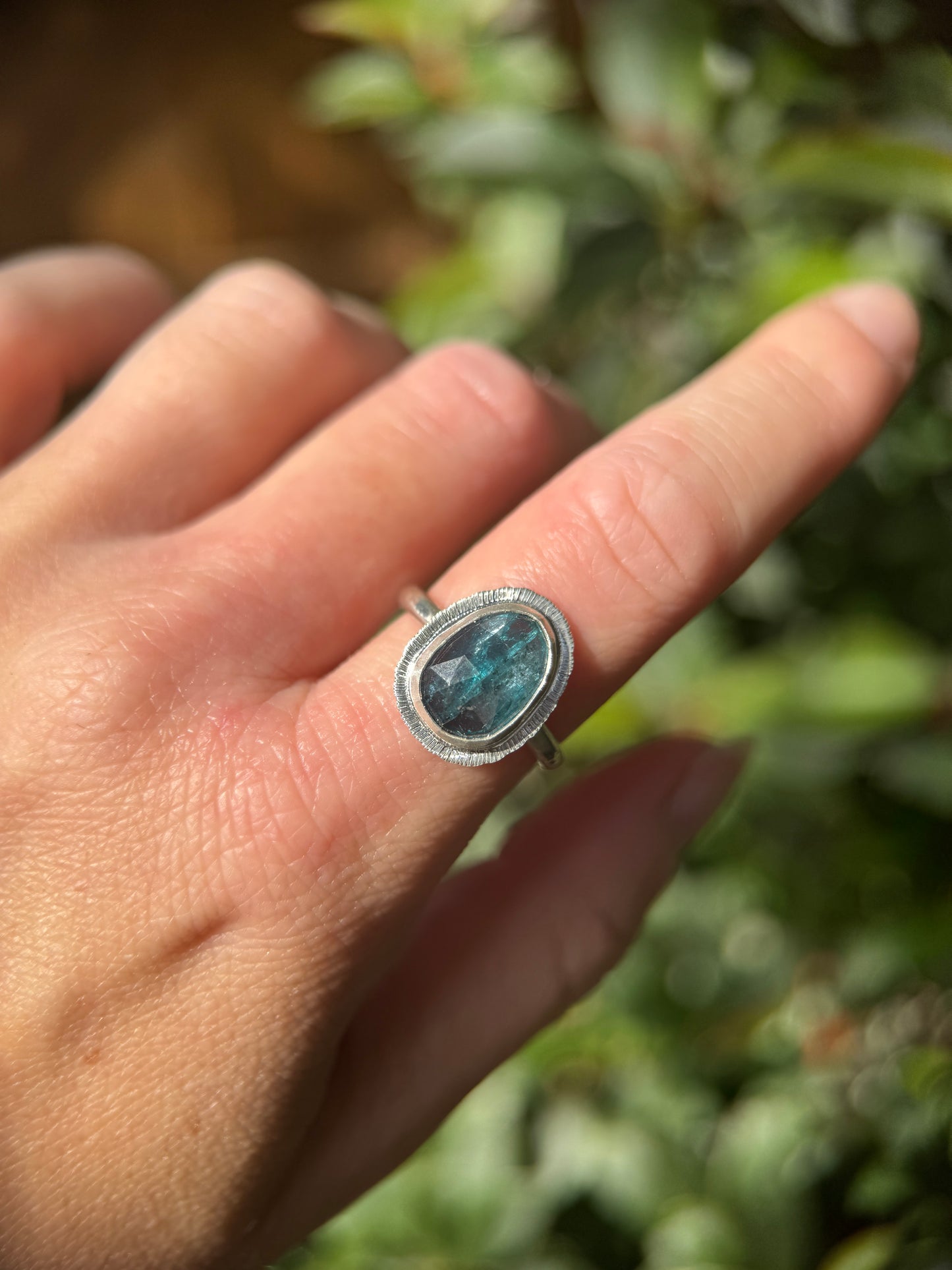 Rose cut neon Kyanite ring