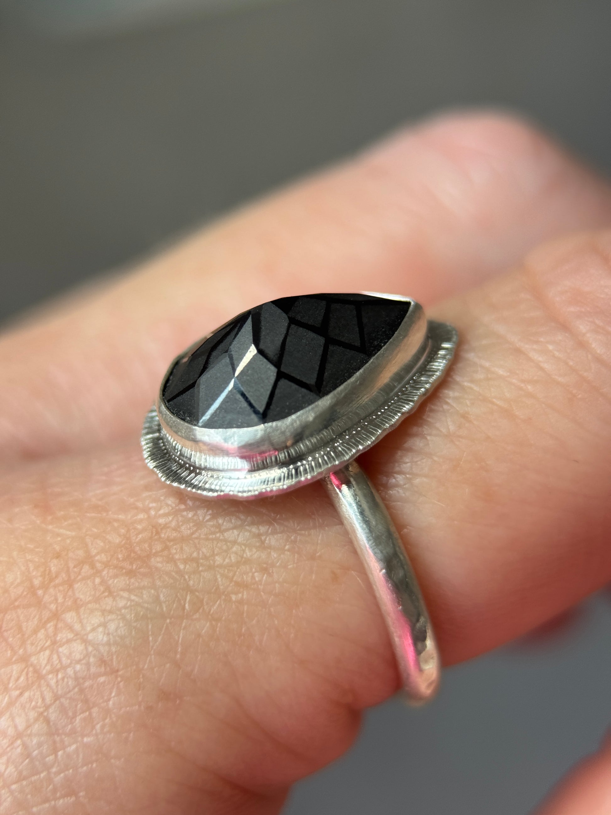 Laser cut black Spinel ring