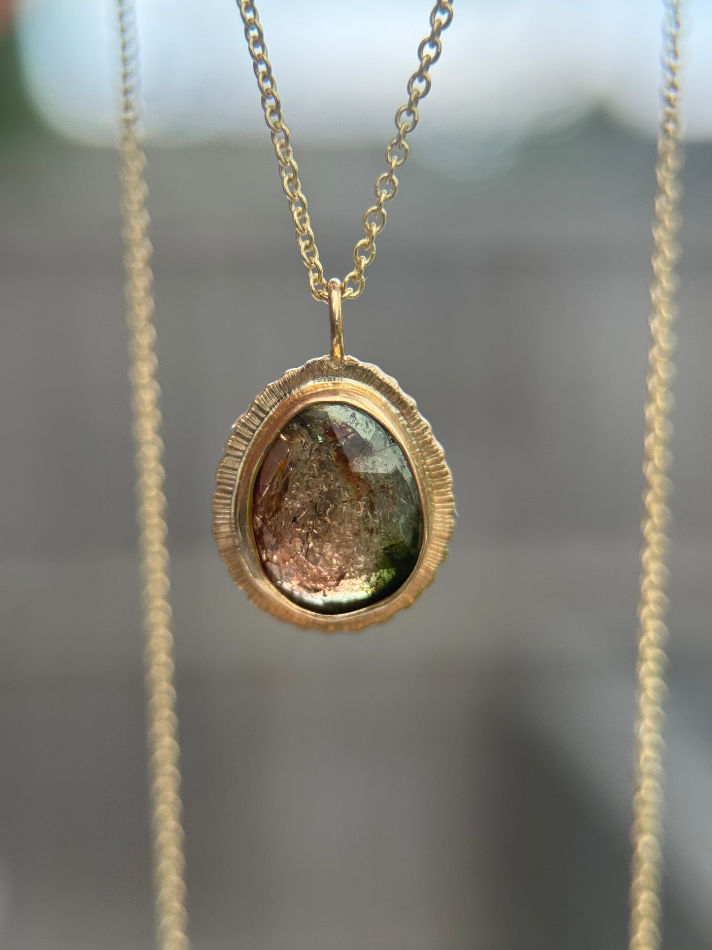 Rose cut Bicolour Tourmaline 9ct gold pendant