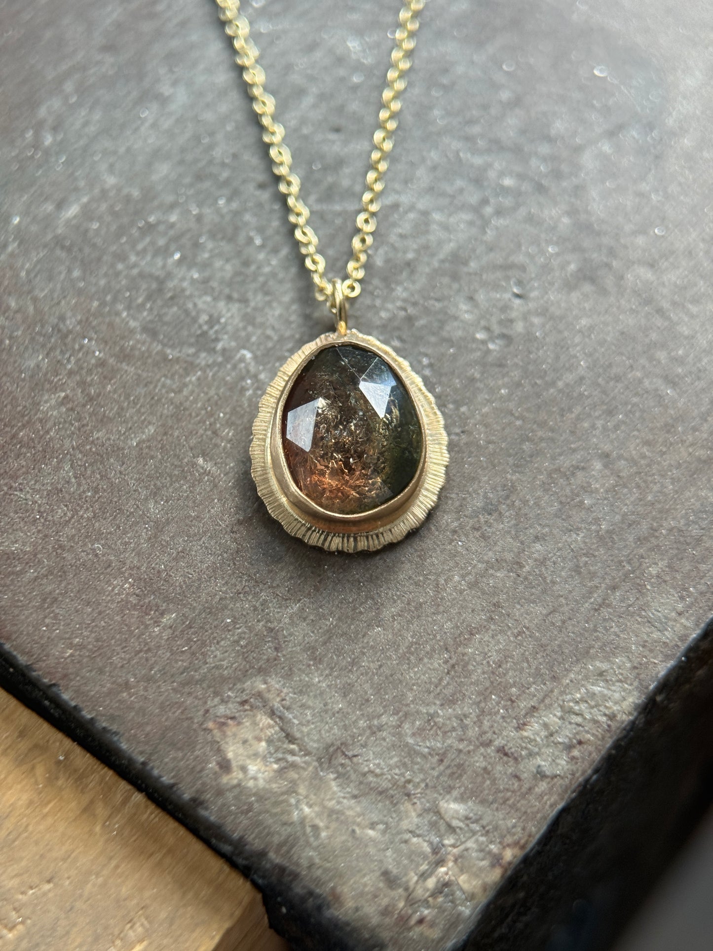 Rose cut Bicolour Tourmaline 9ct gold pendant