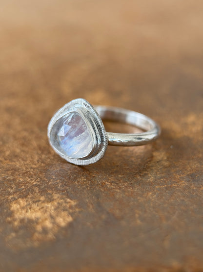 Rose cut Rainbow Moonstone ring
