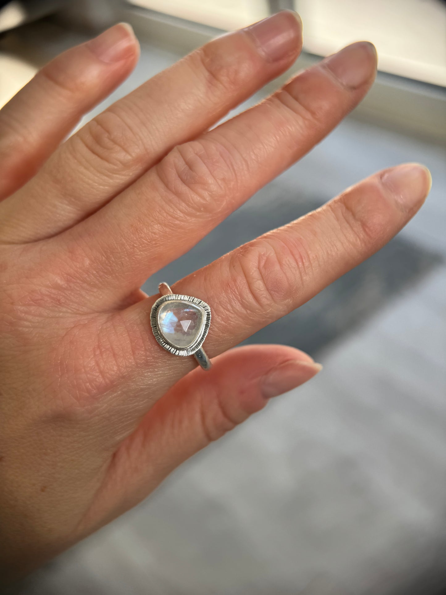 Rose cut Rainbow Moonstone ring