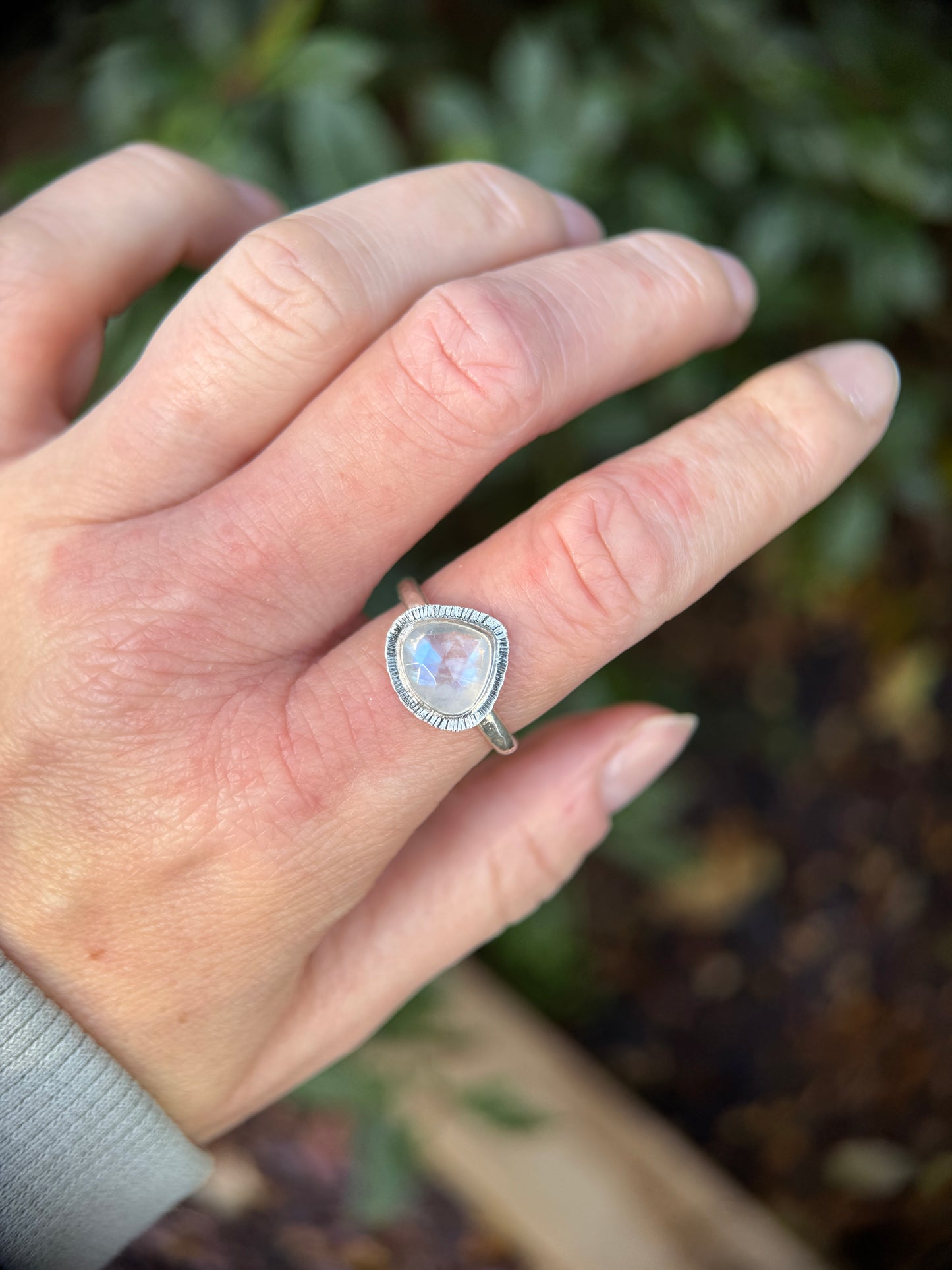 Rose cut Rainbow Moonstone ring