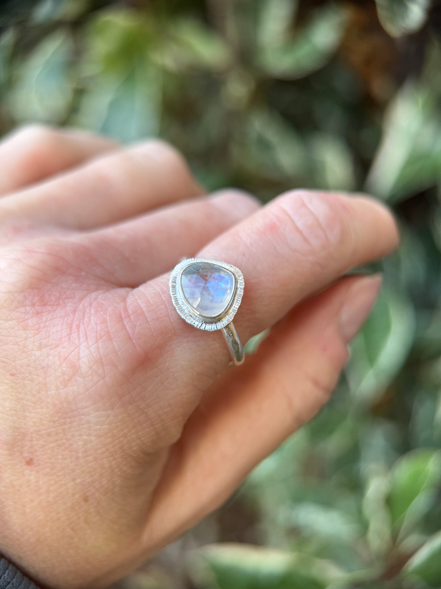 Rose cut Rainbow Moonstone ring