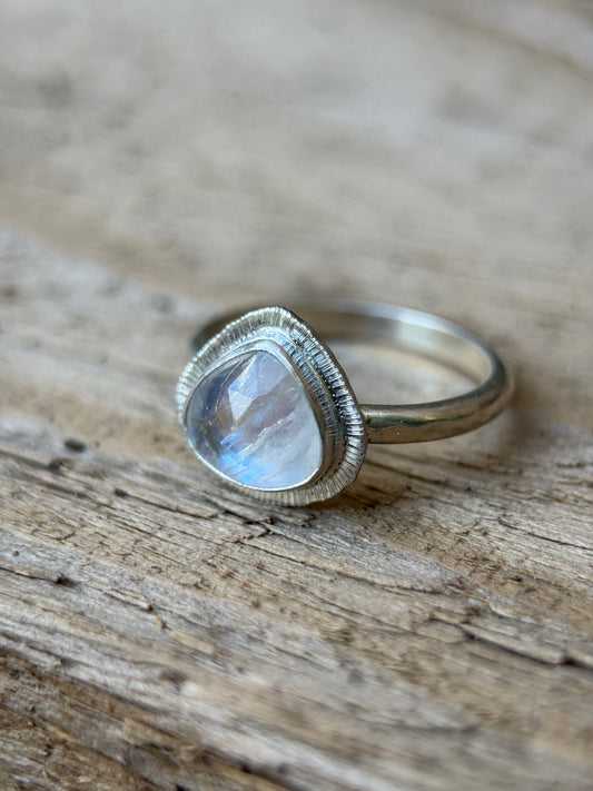 Rose cut Rainbow Moonstone ring