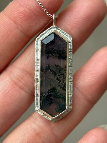 Step cut elongated hexagon Moss Agate pendant