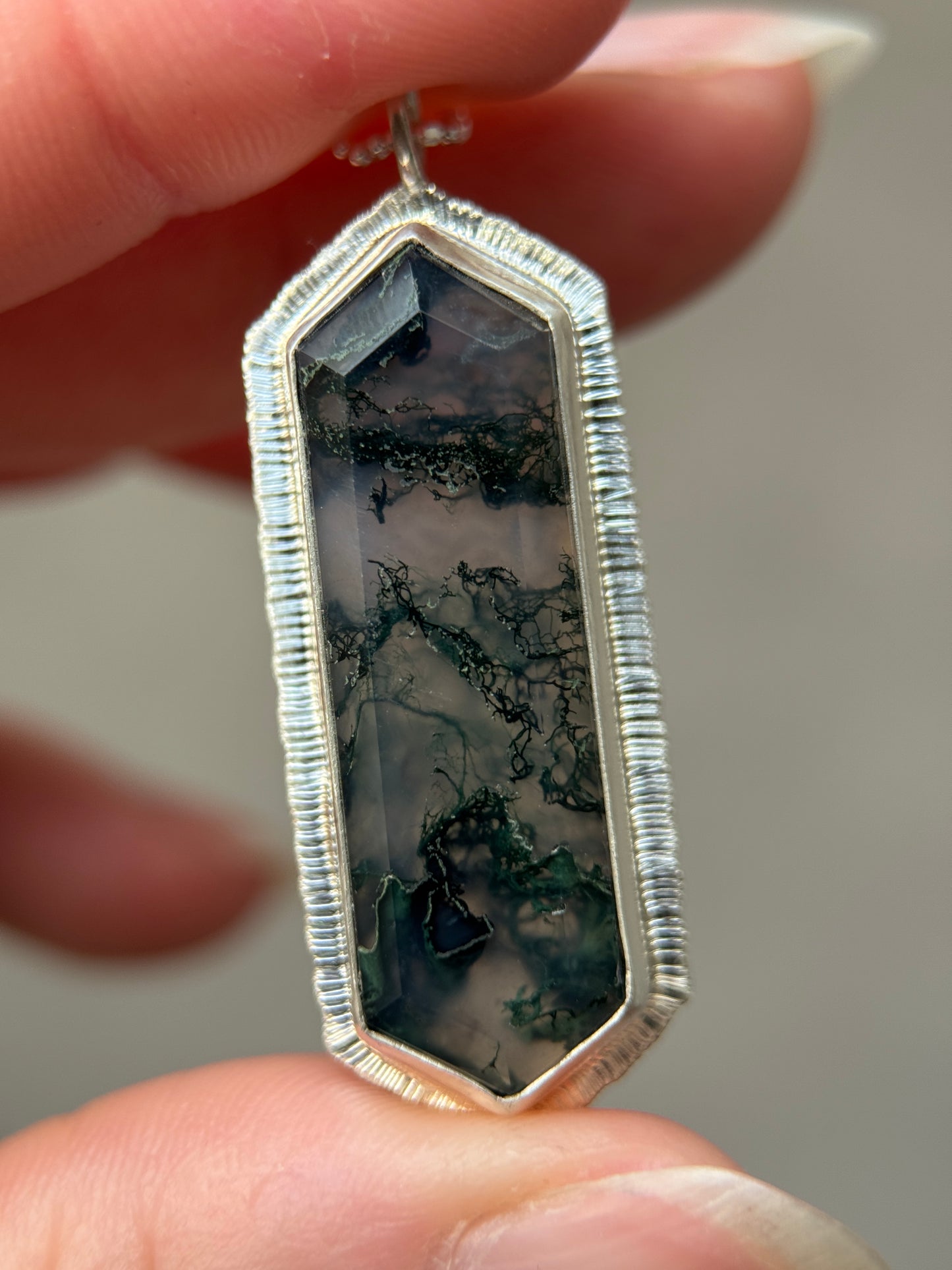 Step cut elongated hexagon Moss Agate pendant