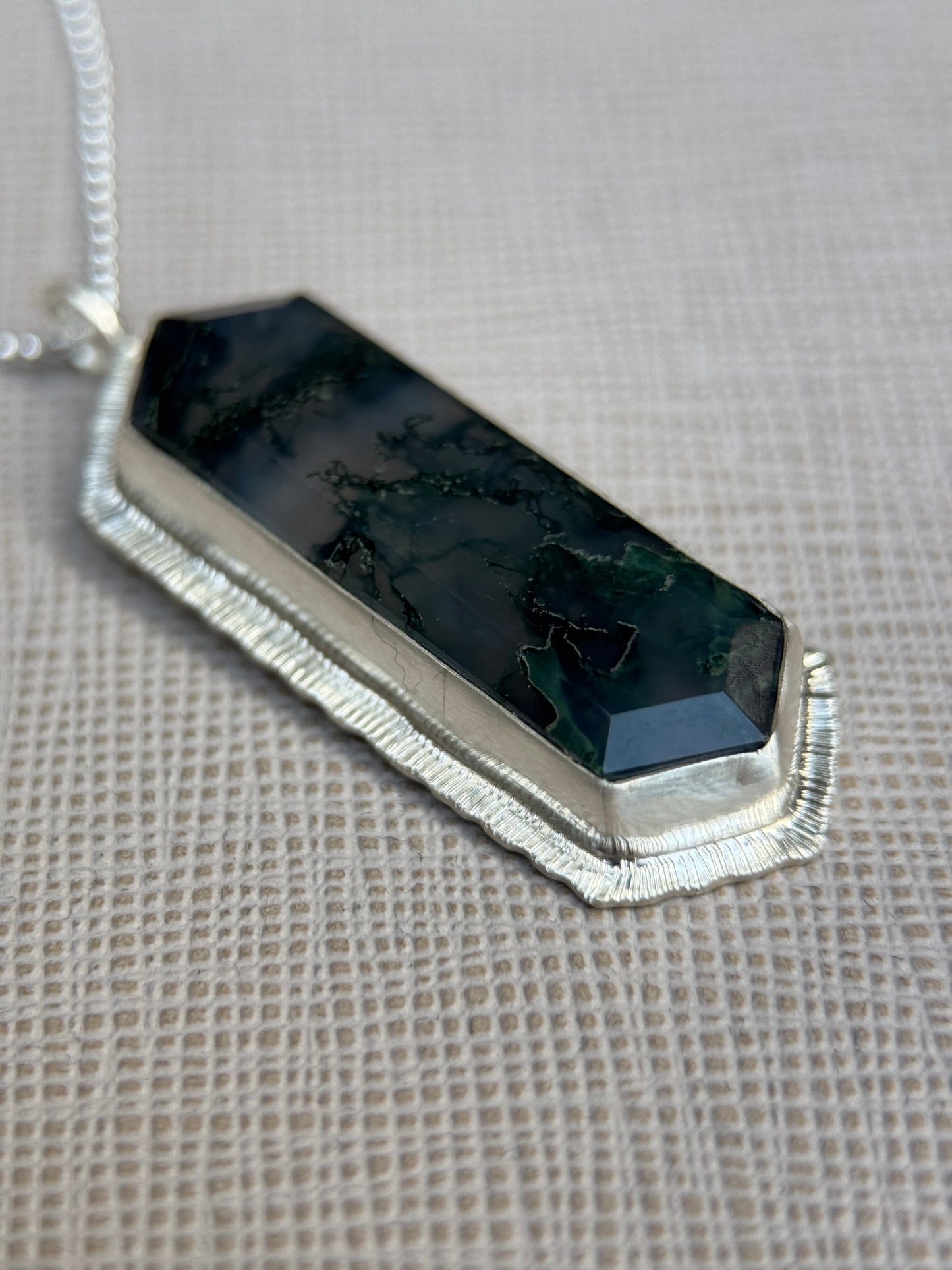 Step cut elongated hexagon Moss Agate pendant