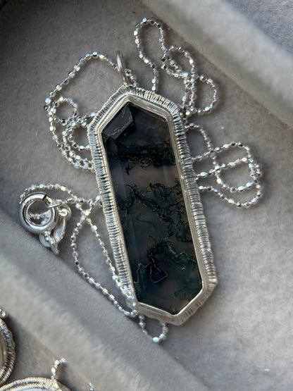 Step cut elongated hexagon Moss Agate pendant