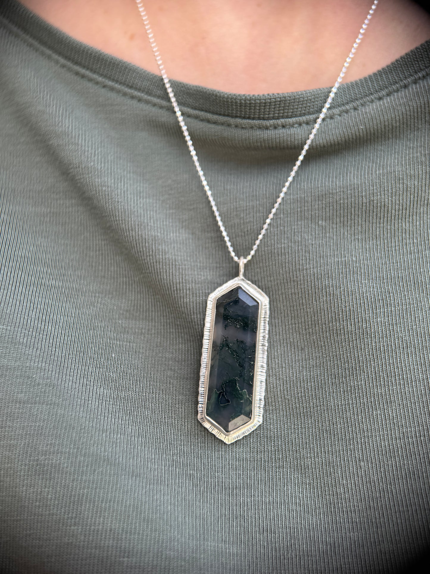 Step cut elongated hexagon Moss Agate pendant