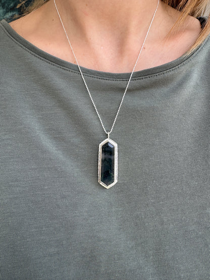 Step cut elongated hexagon Moss Agate pendant