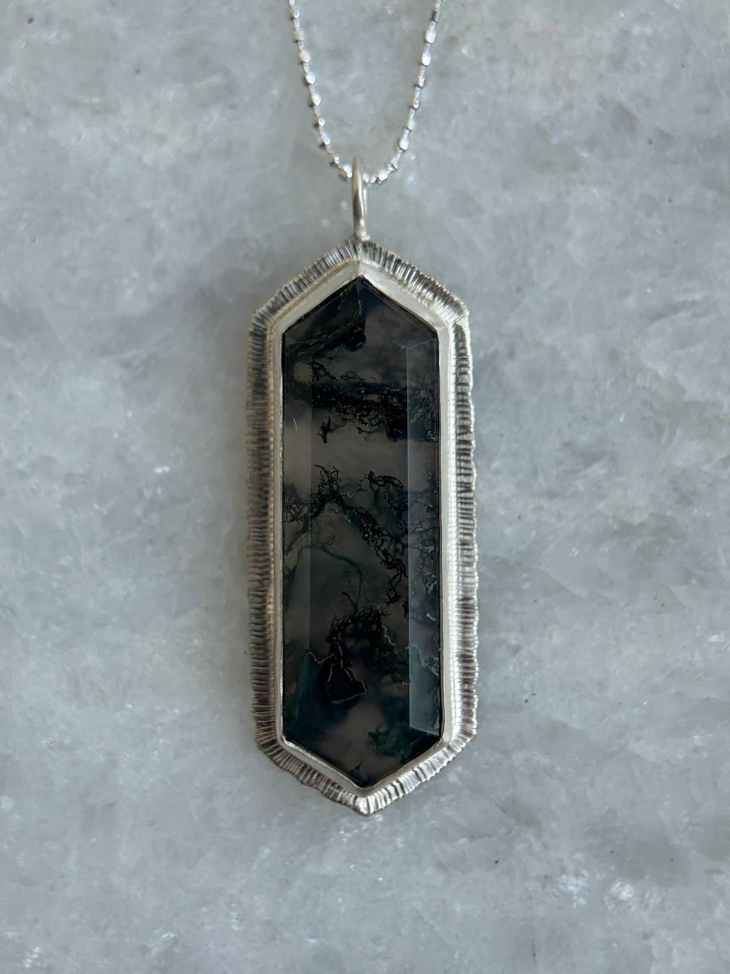 Step cut elongated hexagon Moss Agate pendant