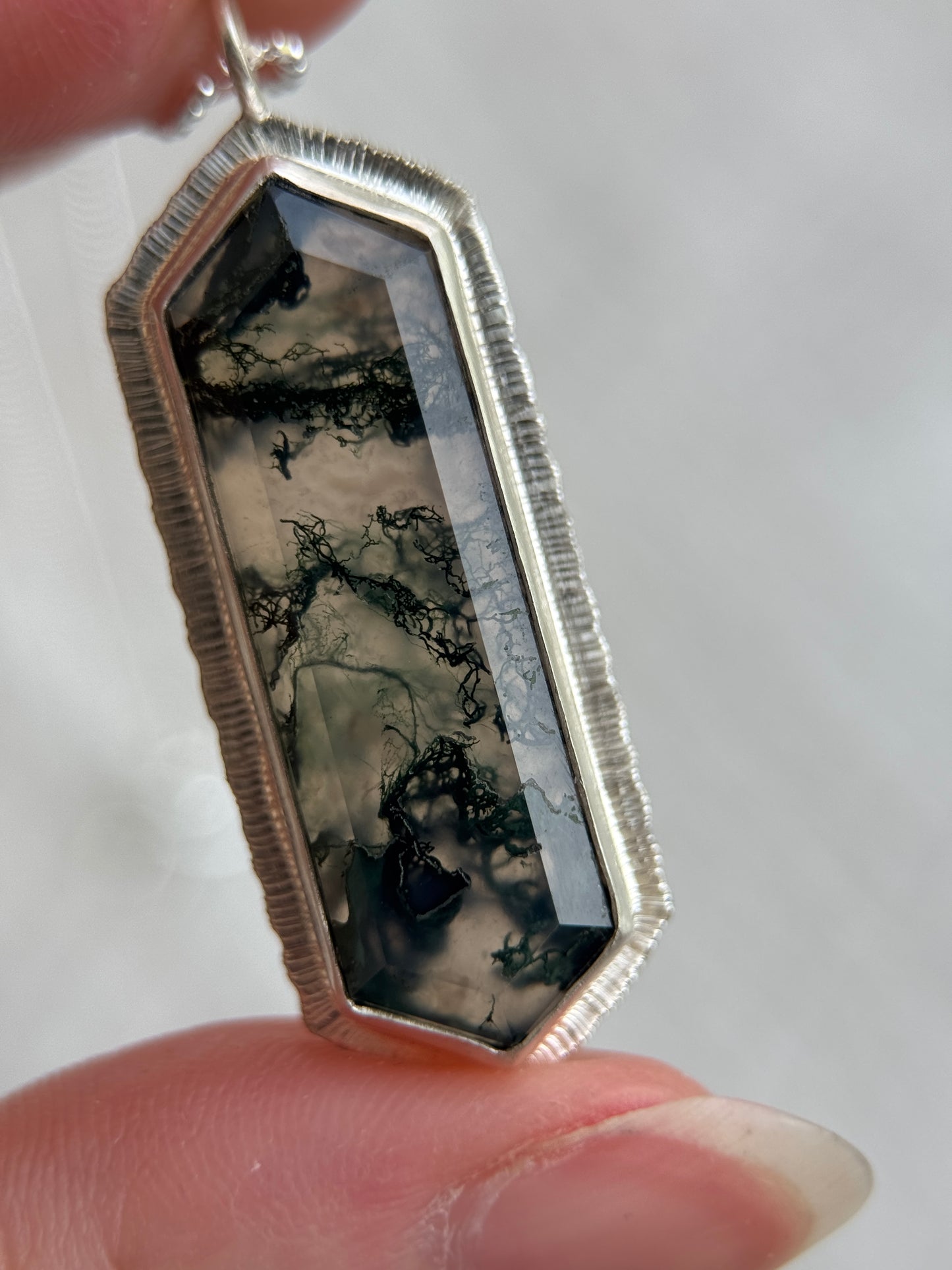 Step cut elongated hexagon Moss Agate pendant