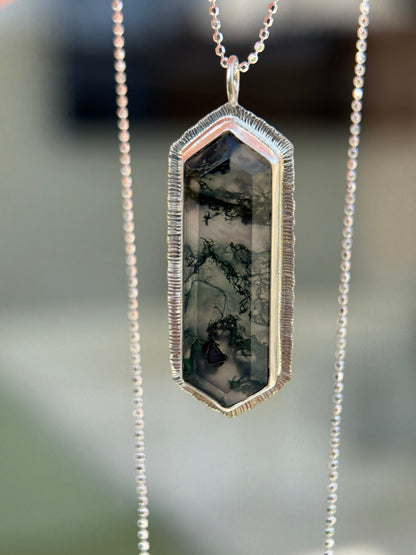 Step cut elongated hexagon Moss Agate pendant