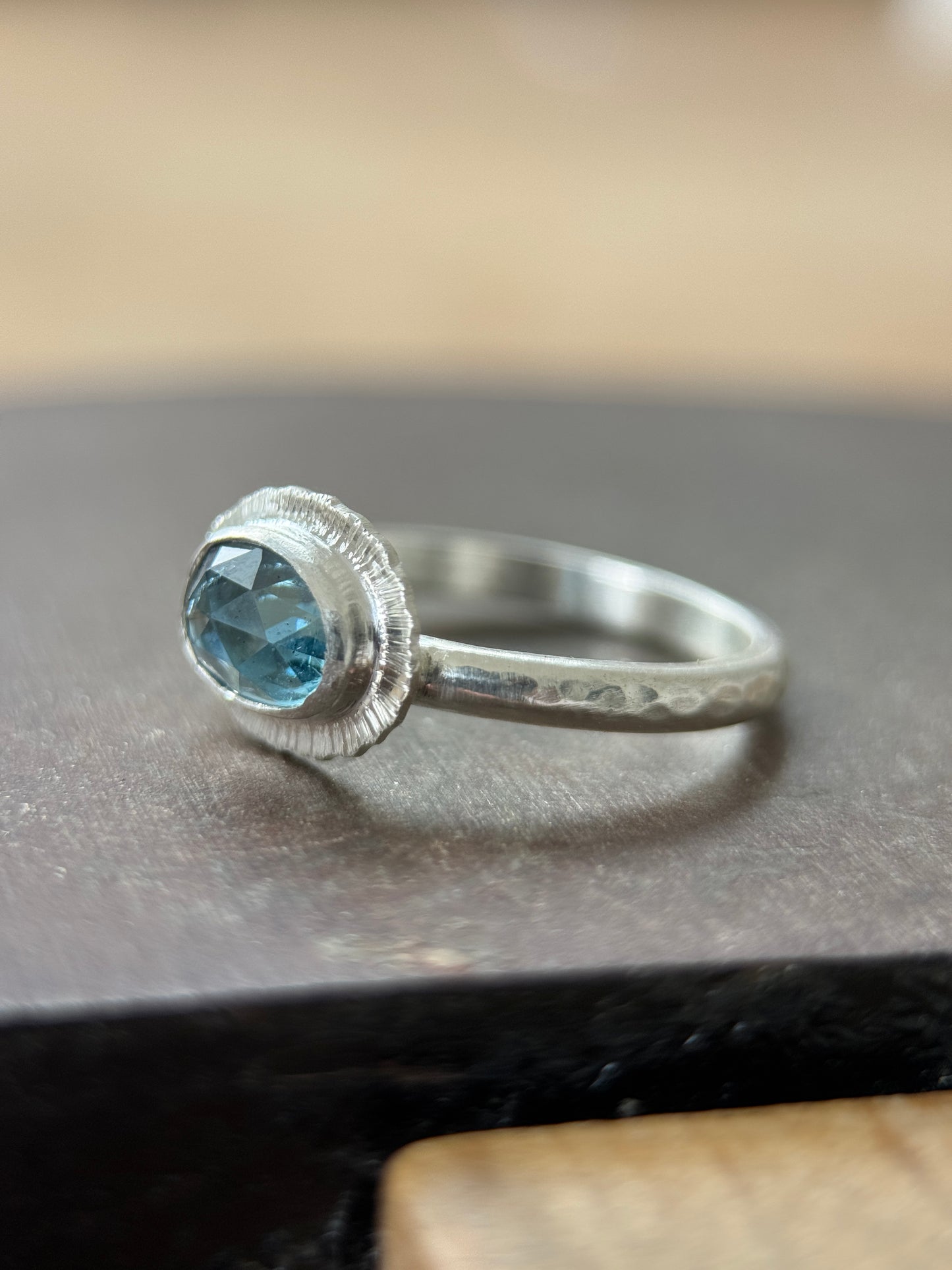 Rose cut blue Aquamarine ring