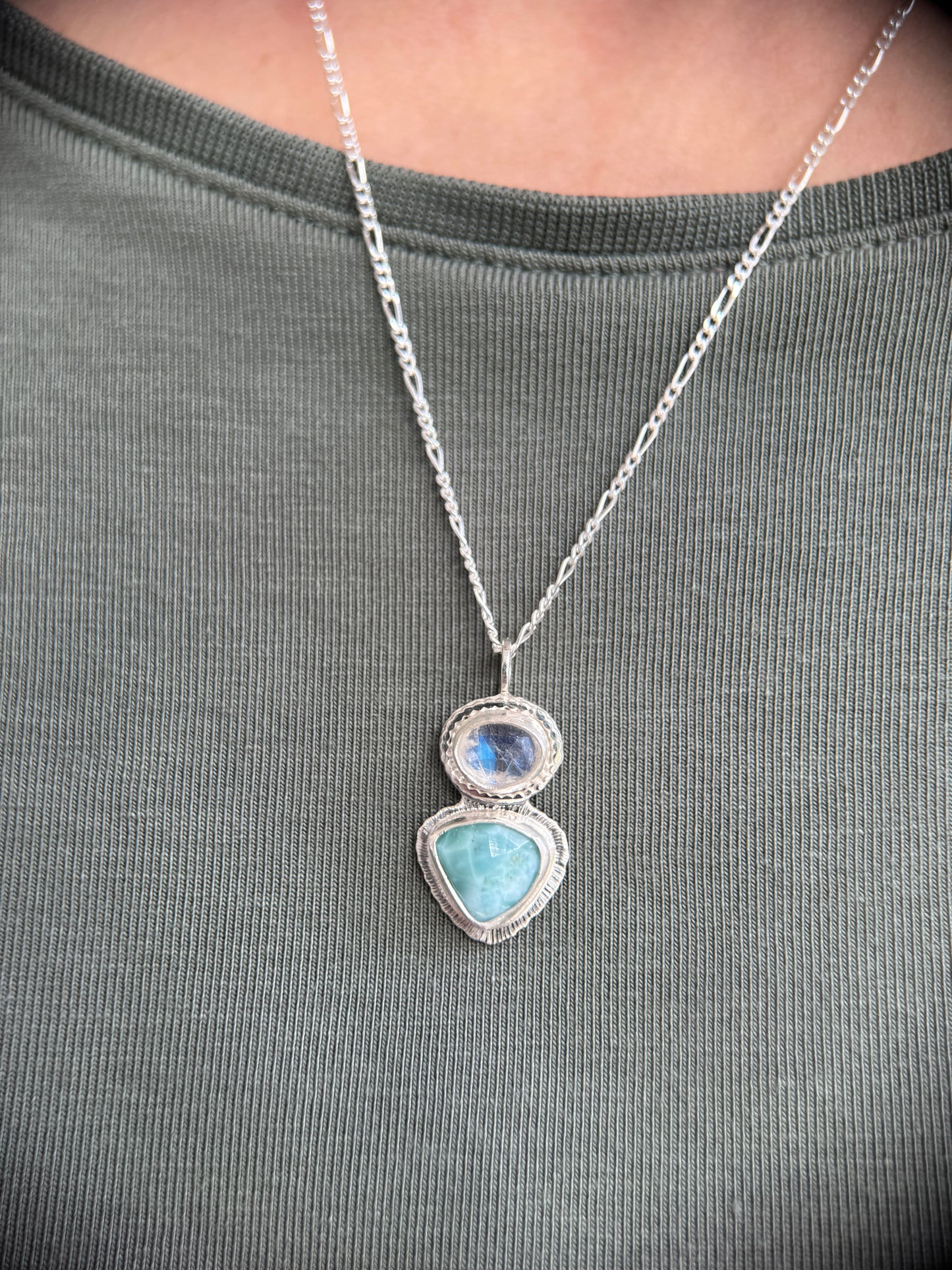 Rose cut Rainbow Moonstone and Larimar pendant in sterling silver