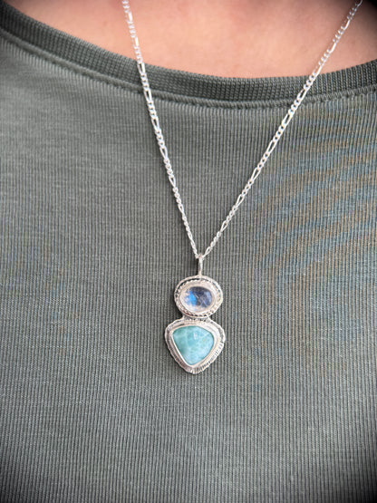 Rose cut Rainbow Moonstone and Larimar pendant in sterling silver