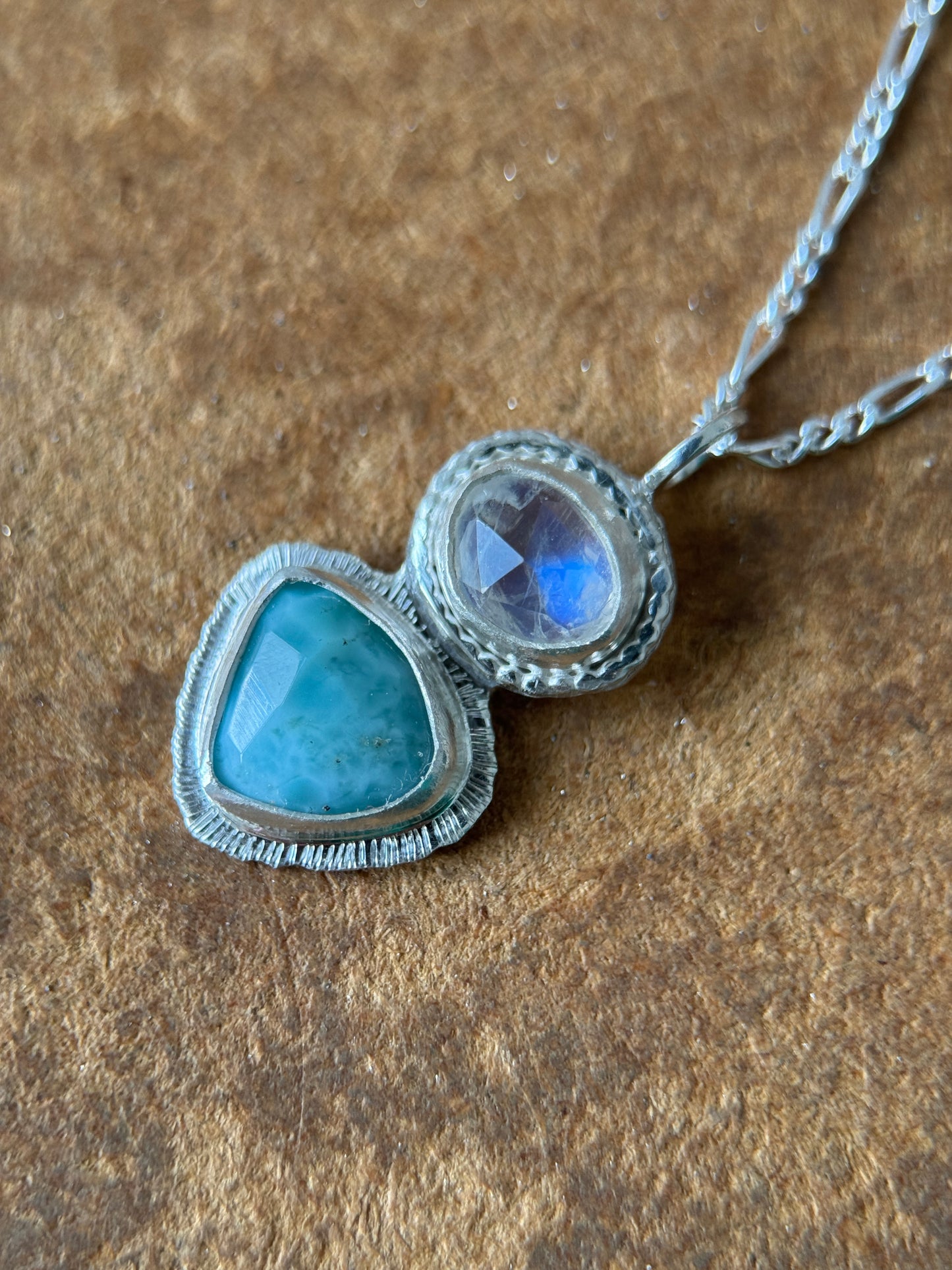 Rose cut Rainbow Moonstone and Larimar pendant in sterling silver