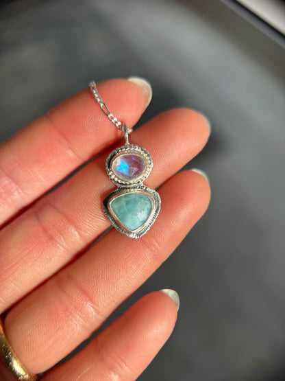 Rose cut Rainbow Moonstone and Larimar pendant in sterling silver