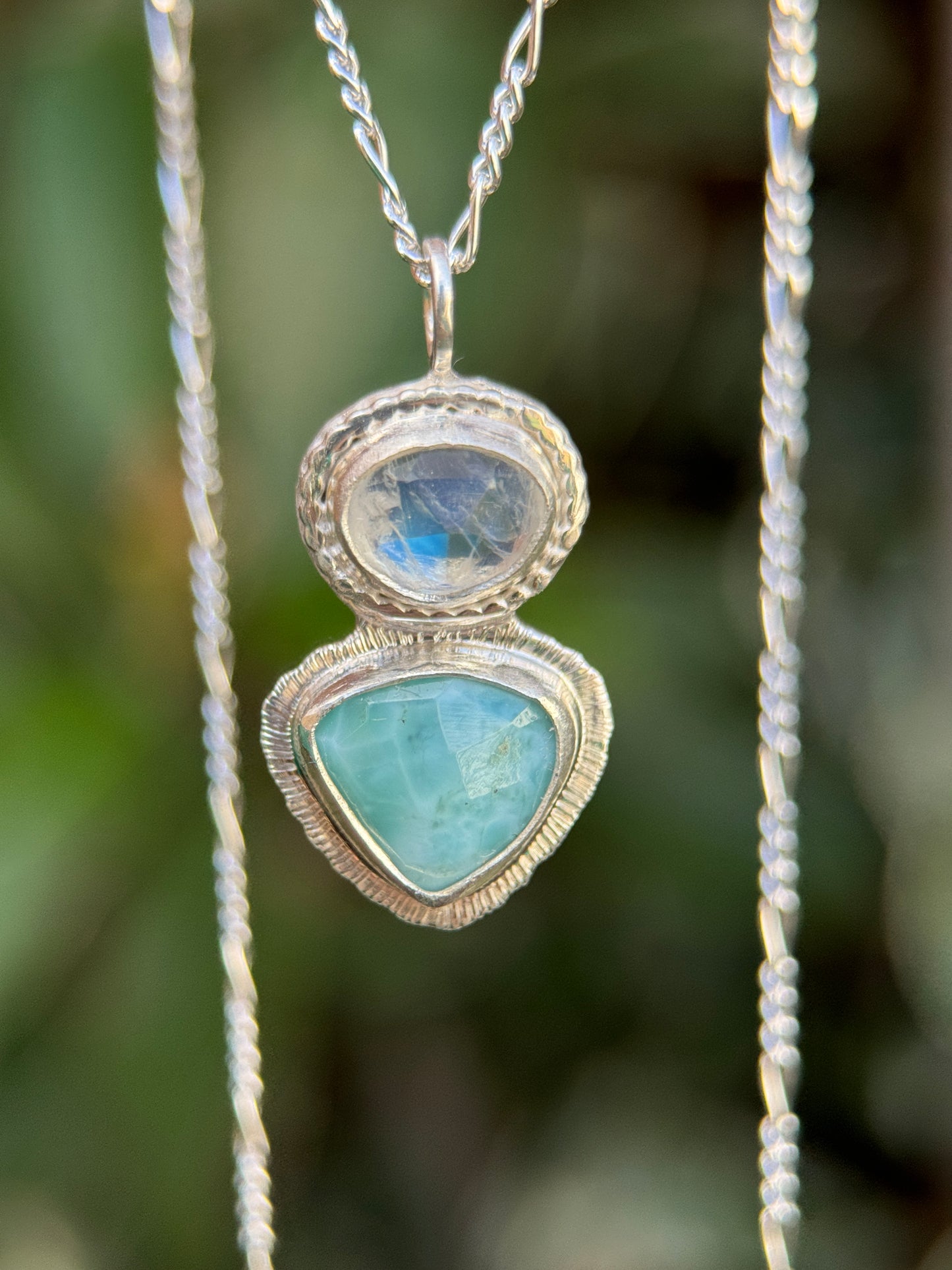 Rose cut Rainbow Moonstone and Larimar pendant in sterling silver
