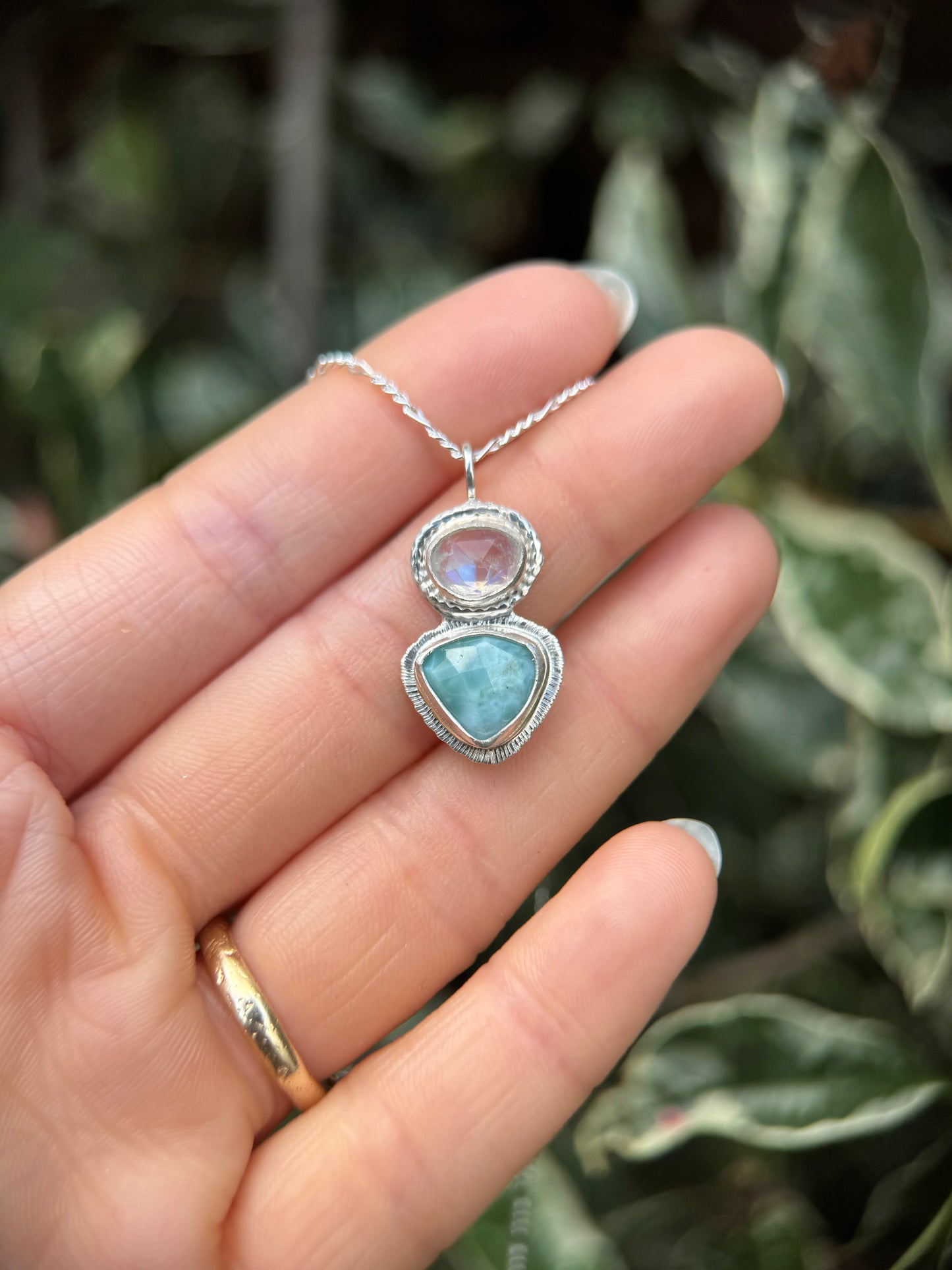 Rose cut Rainbow Moonstone and Larimar pendant in sterling silver