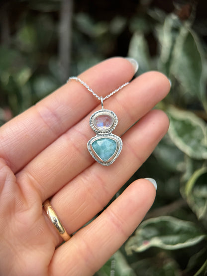 Rose cut Rainbow Moonstone and Larimar pendant in sterling silver