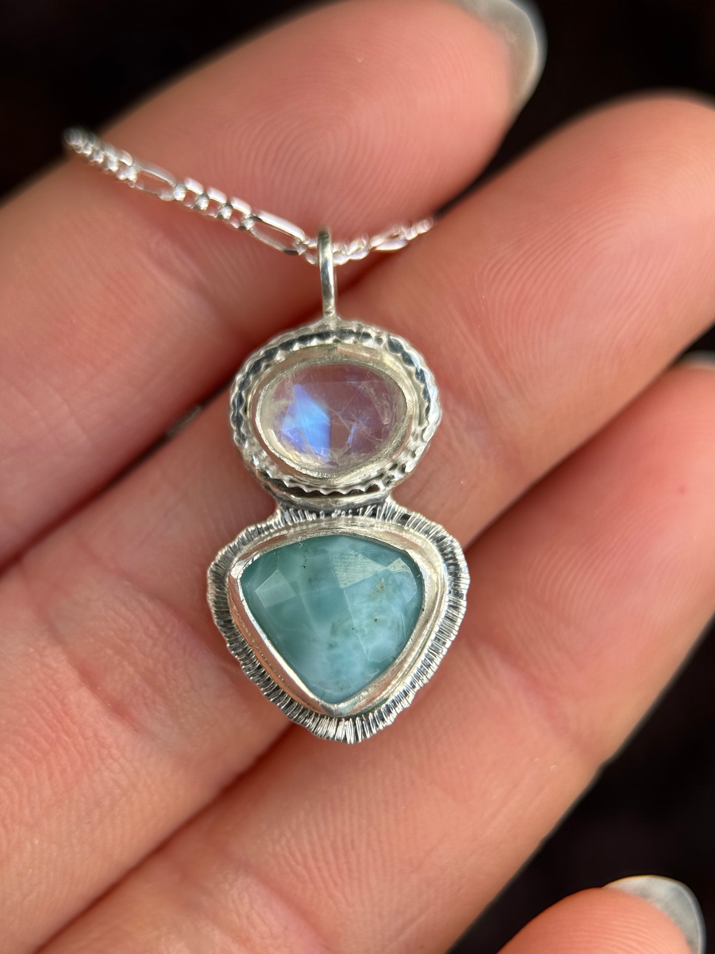 Rose cut Rainbow Moonstone and Larimar pendant in sterling silver