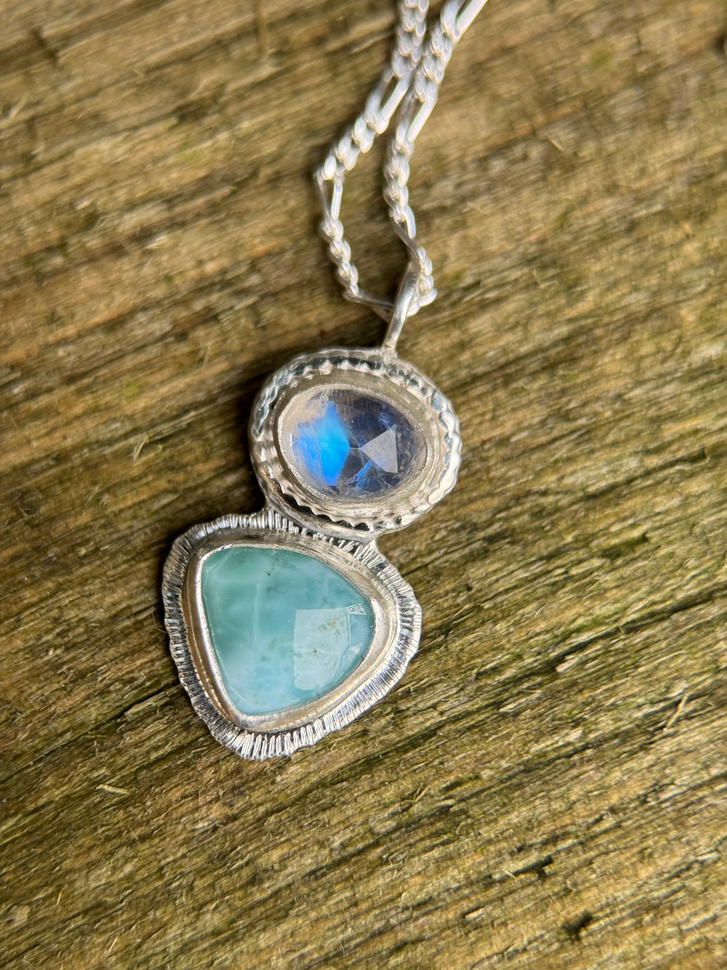 Rose cut Rainbow Moonstone and Larimar pendant in sterling silver