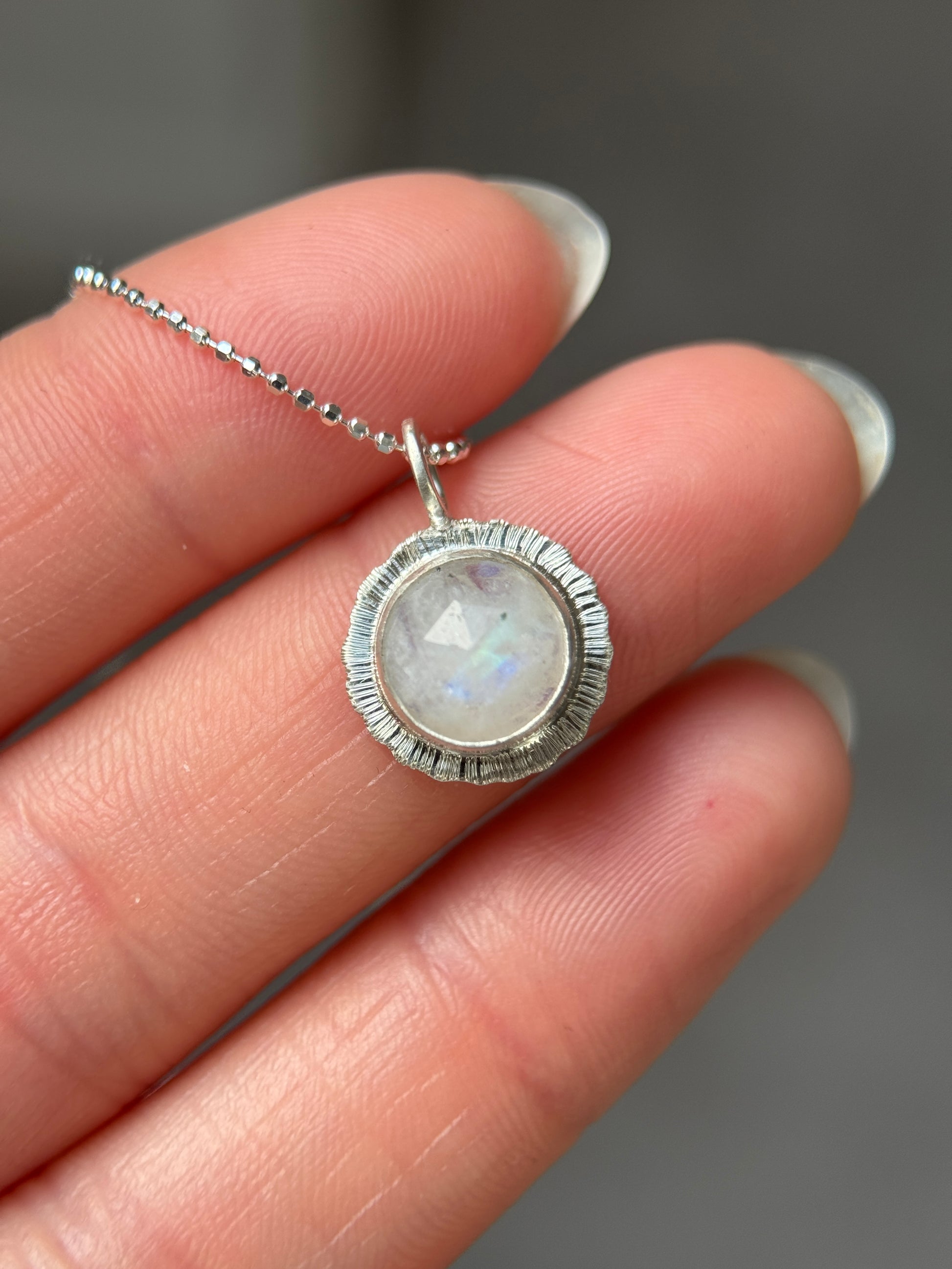 Rose cut round Rainbow Moonstone pendant