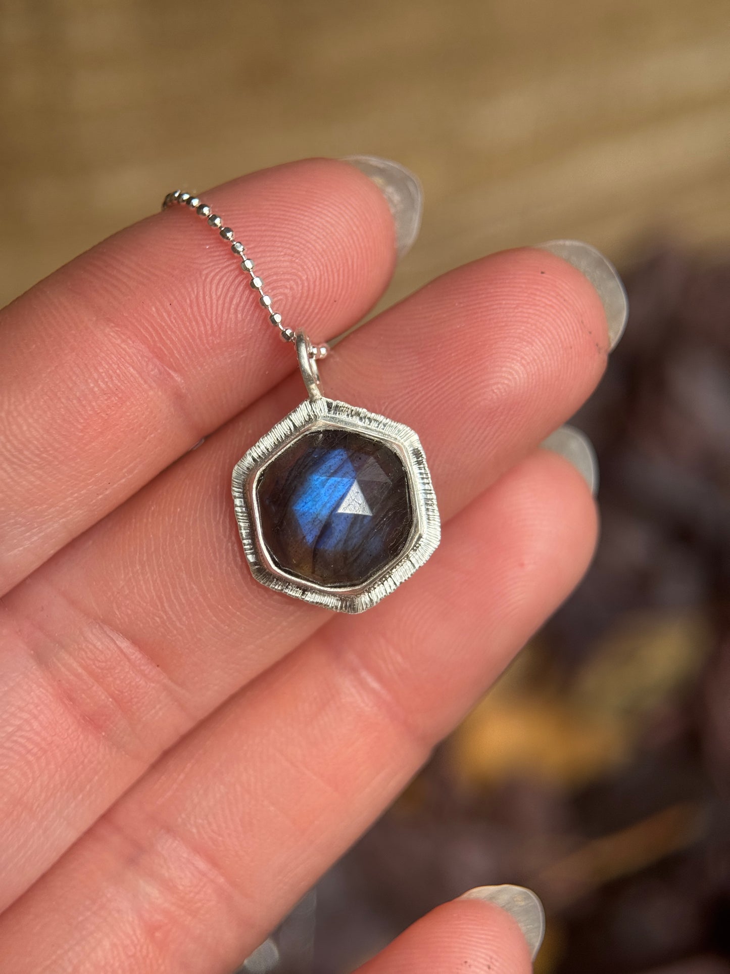 Rose cut Labradorite hexagon pendant