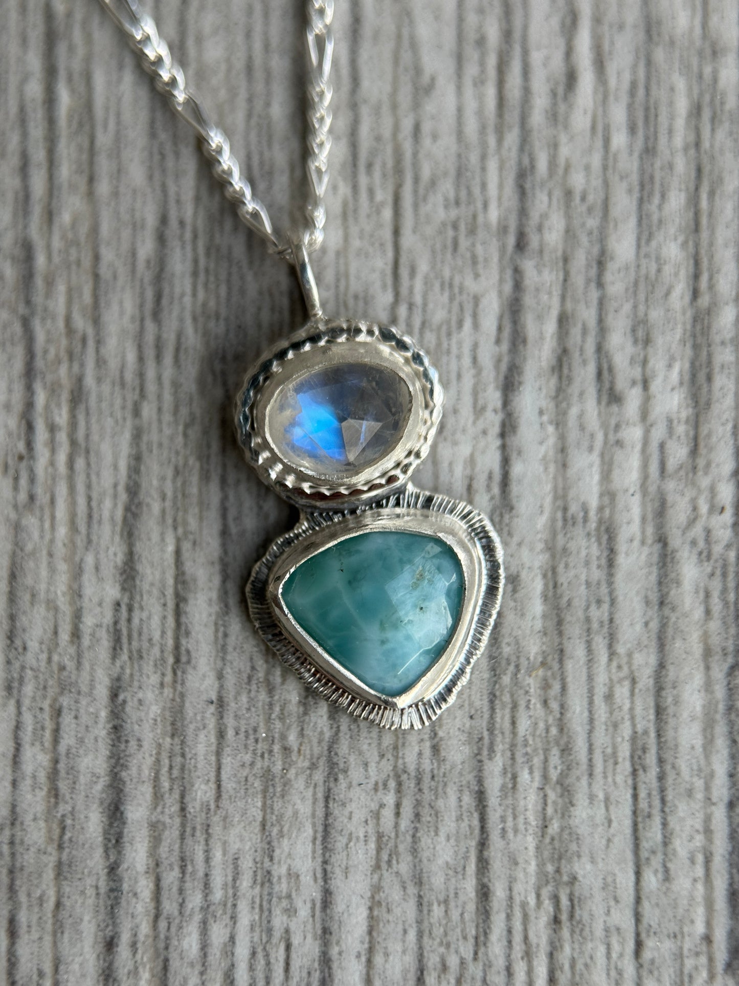 Rose cut Rainbow Moonstone and Larimar pendant in sterling silver