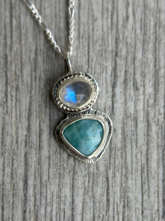 Rose cut Rainbow Moonstone and Larimar pendant in sterling silver