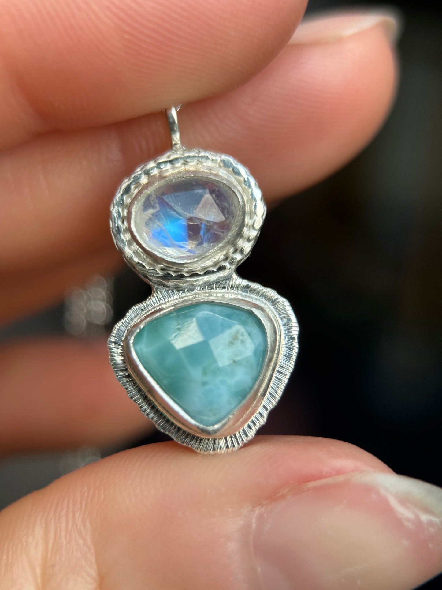 Rose cut Rainbow Moonstone and Larimar pendant in sterling silver