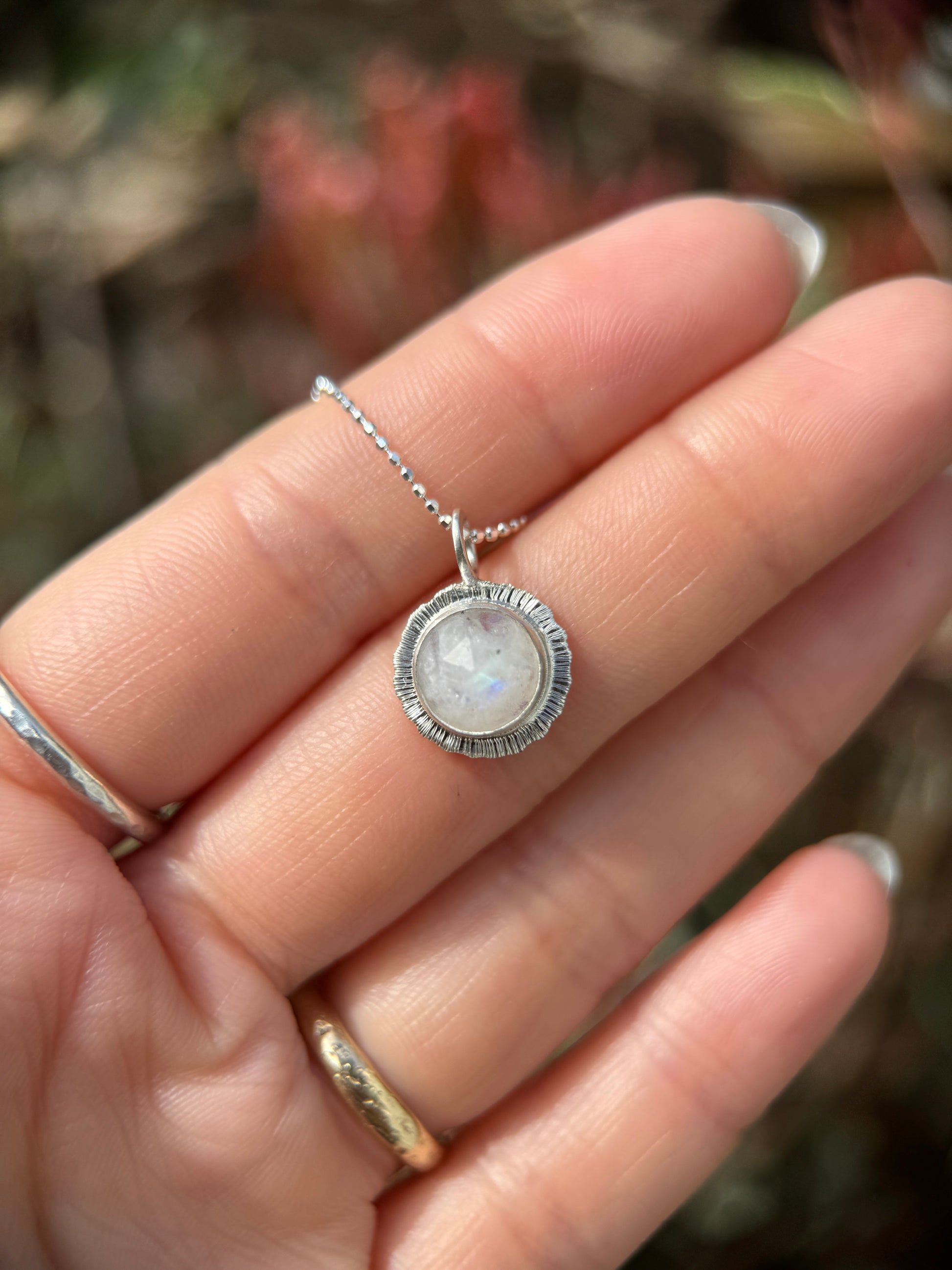 Rose cut round Rainbow Moonstone pendant