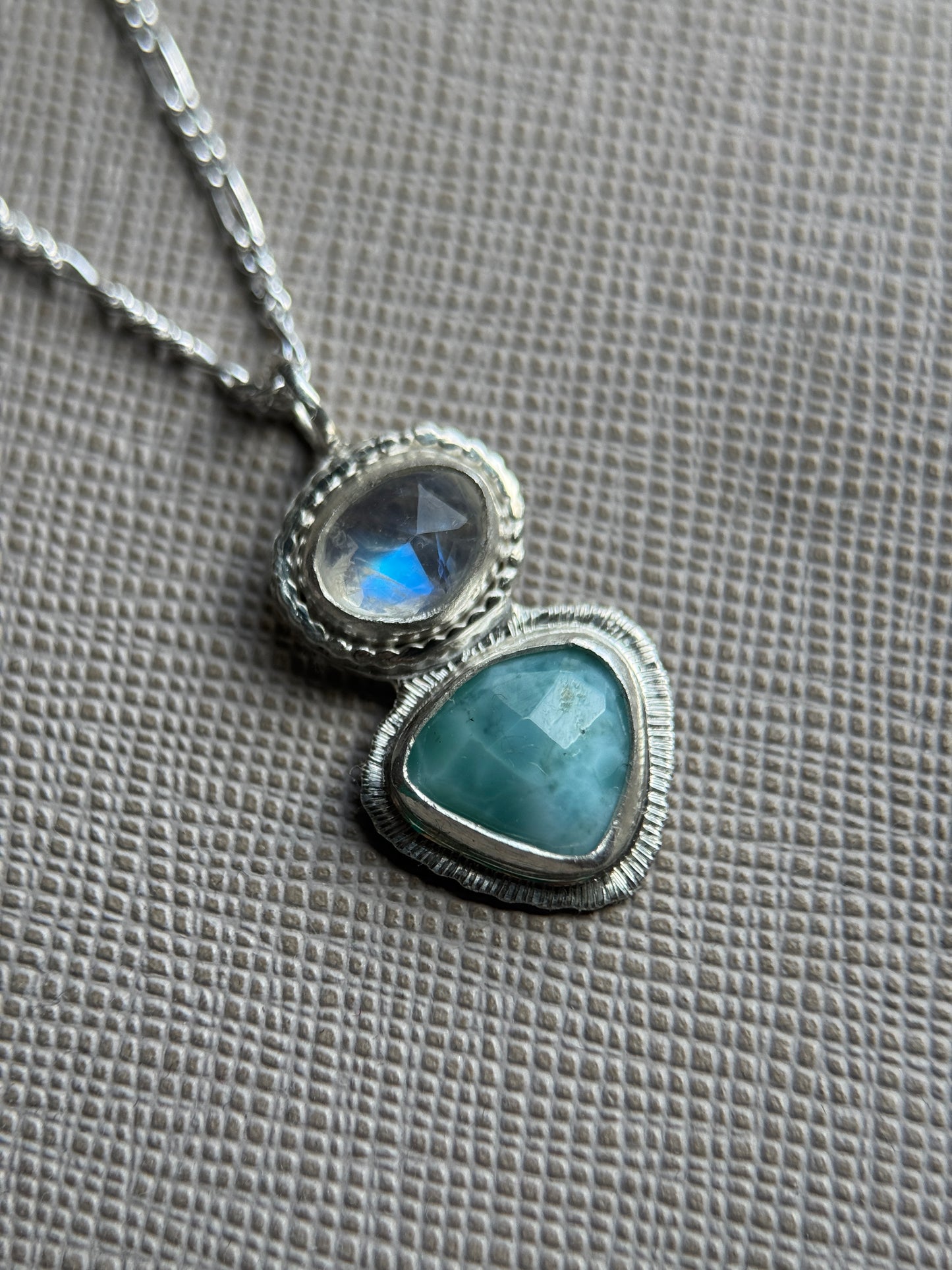 Rose cut Rainbow Moonstone and Larimar pendant in sterling silver